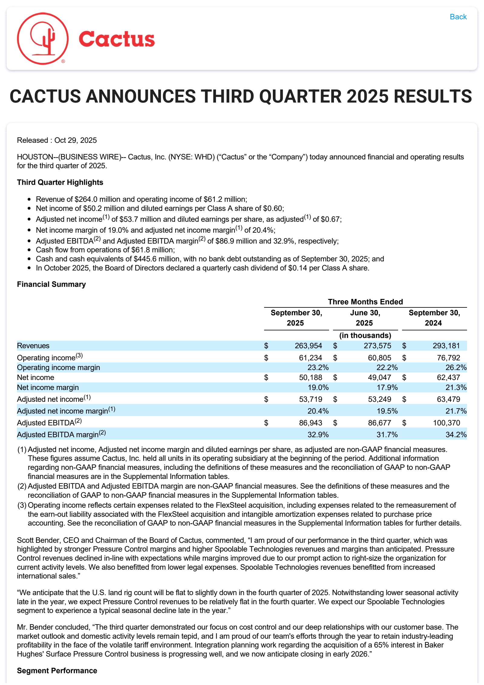 Cactus' Q3 2025 Earnings Release