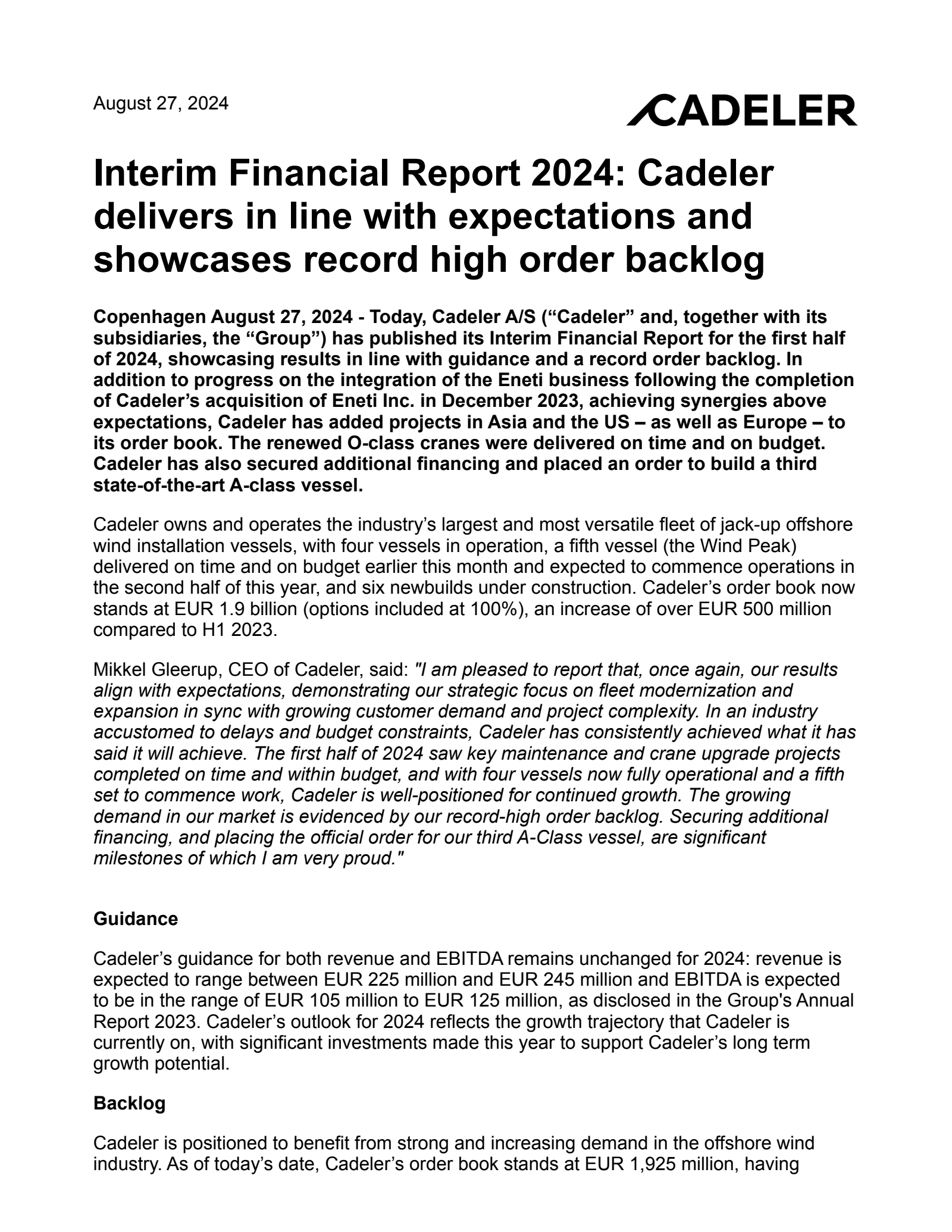 Cadeler A/S's H1 2024 Earnings Release