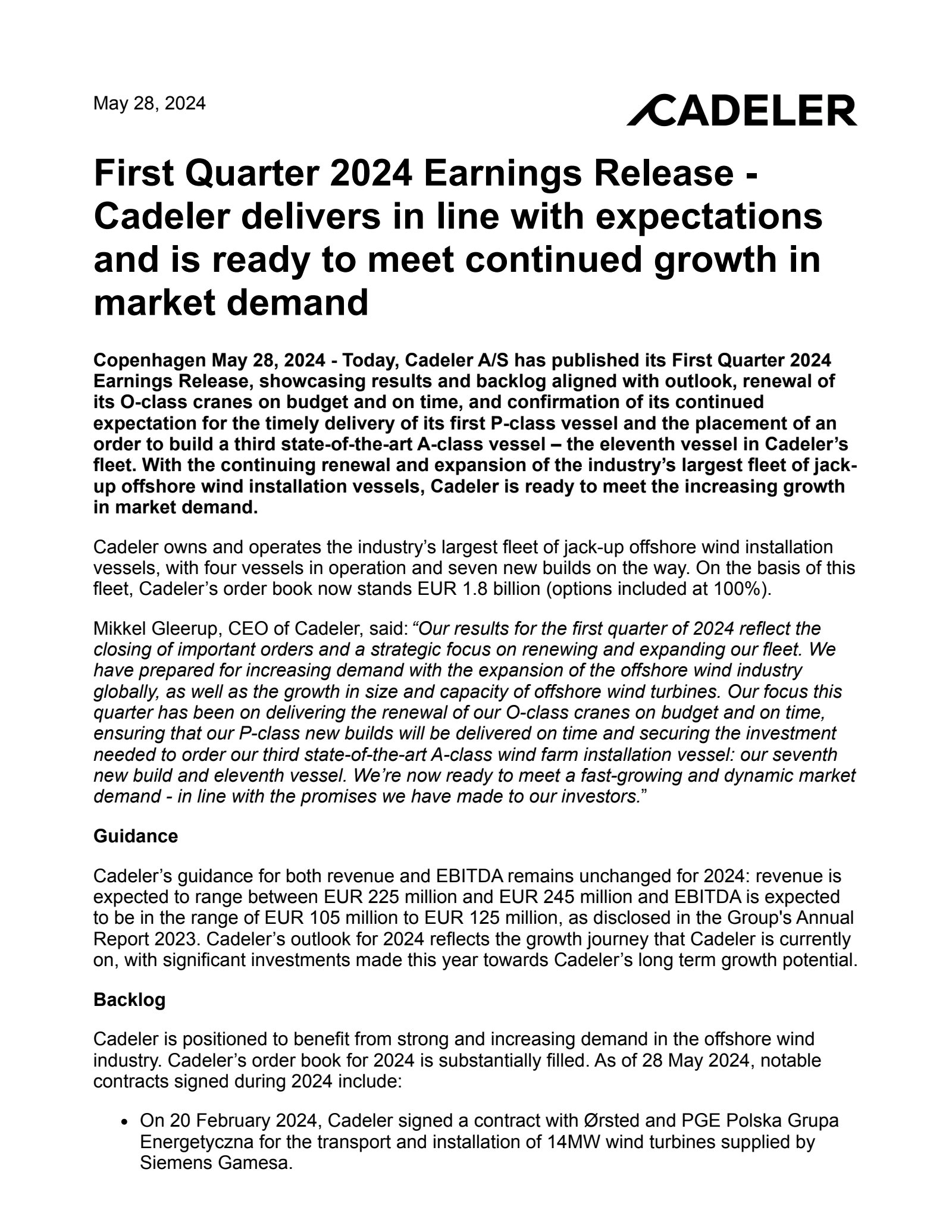 Cadeler A/S's Q1 2024 Earnings Release