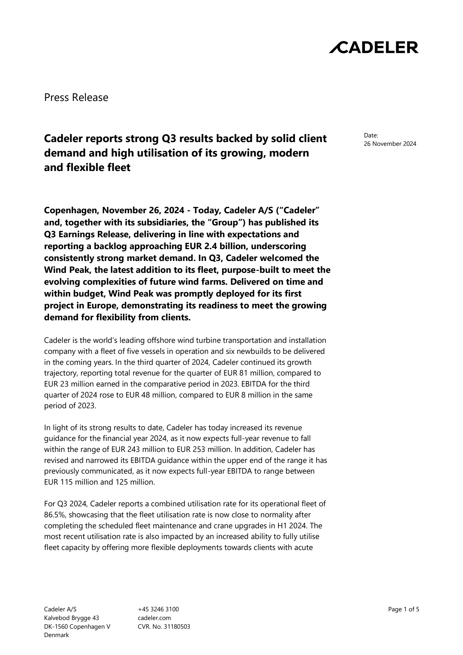 Cadeler A/S's Q3 2024 Press Release