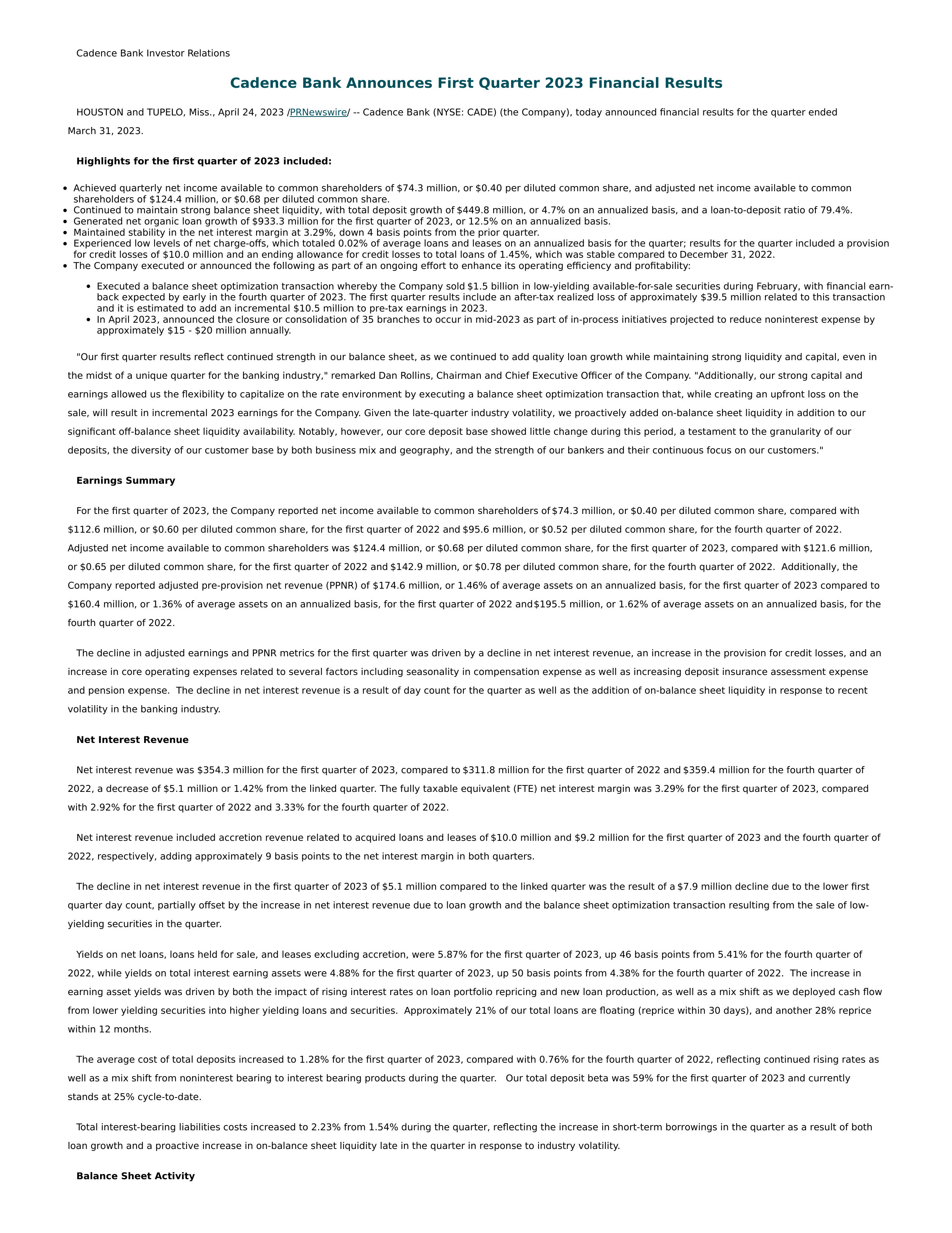 Cadence Bank's Q1 2023 Press Release