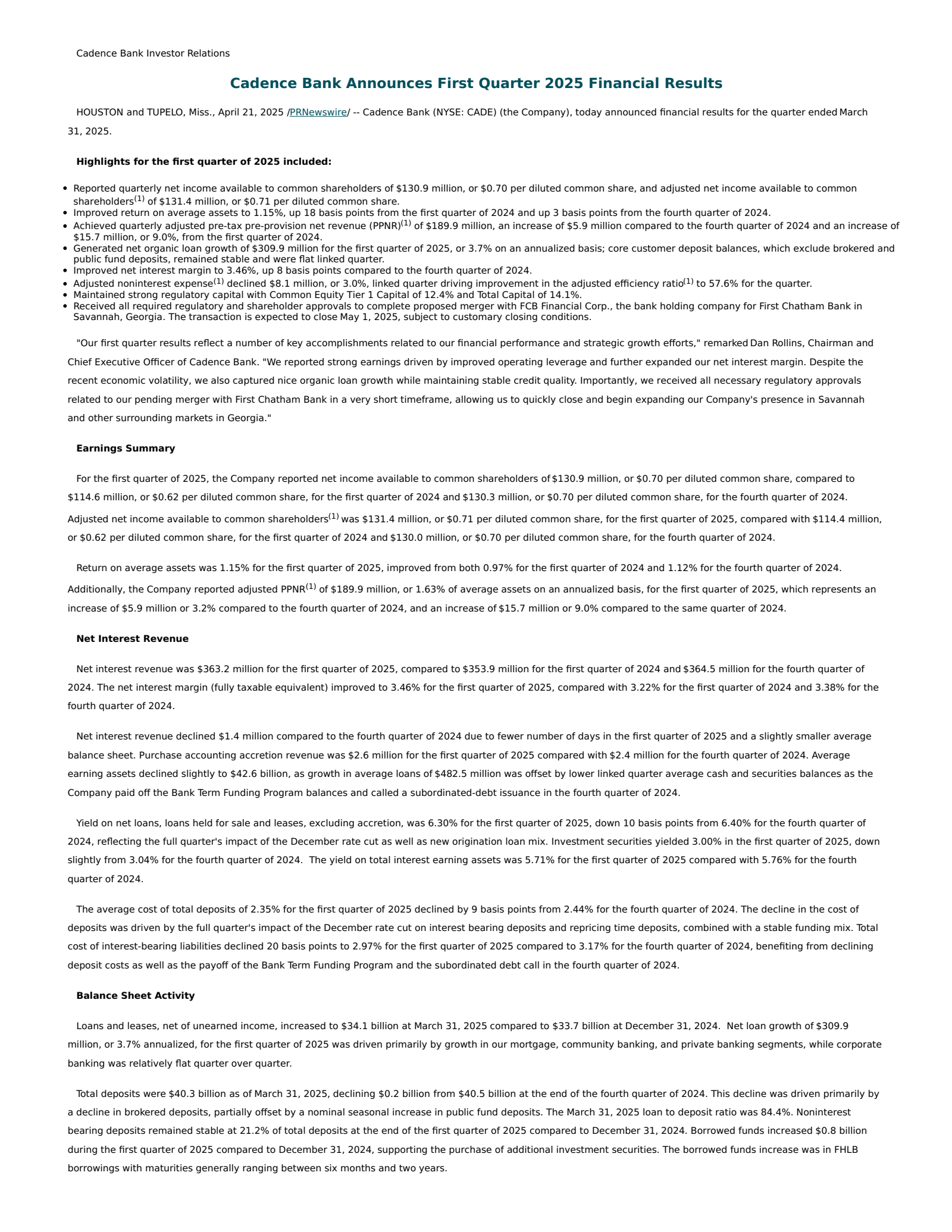 Cadence Bank's Q1 2025 Press Release