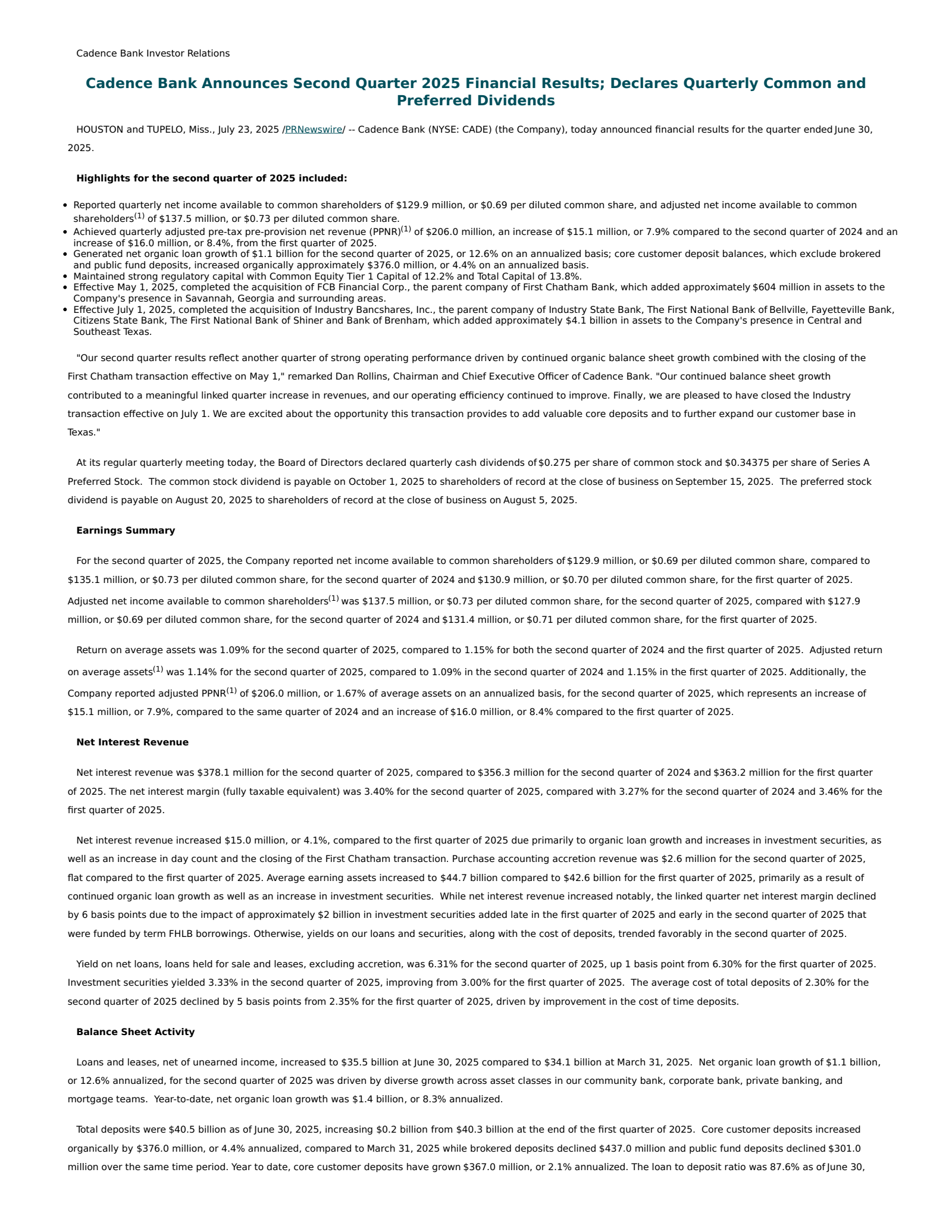 Cadence Bank's Q2 2025 Press Release