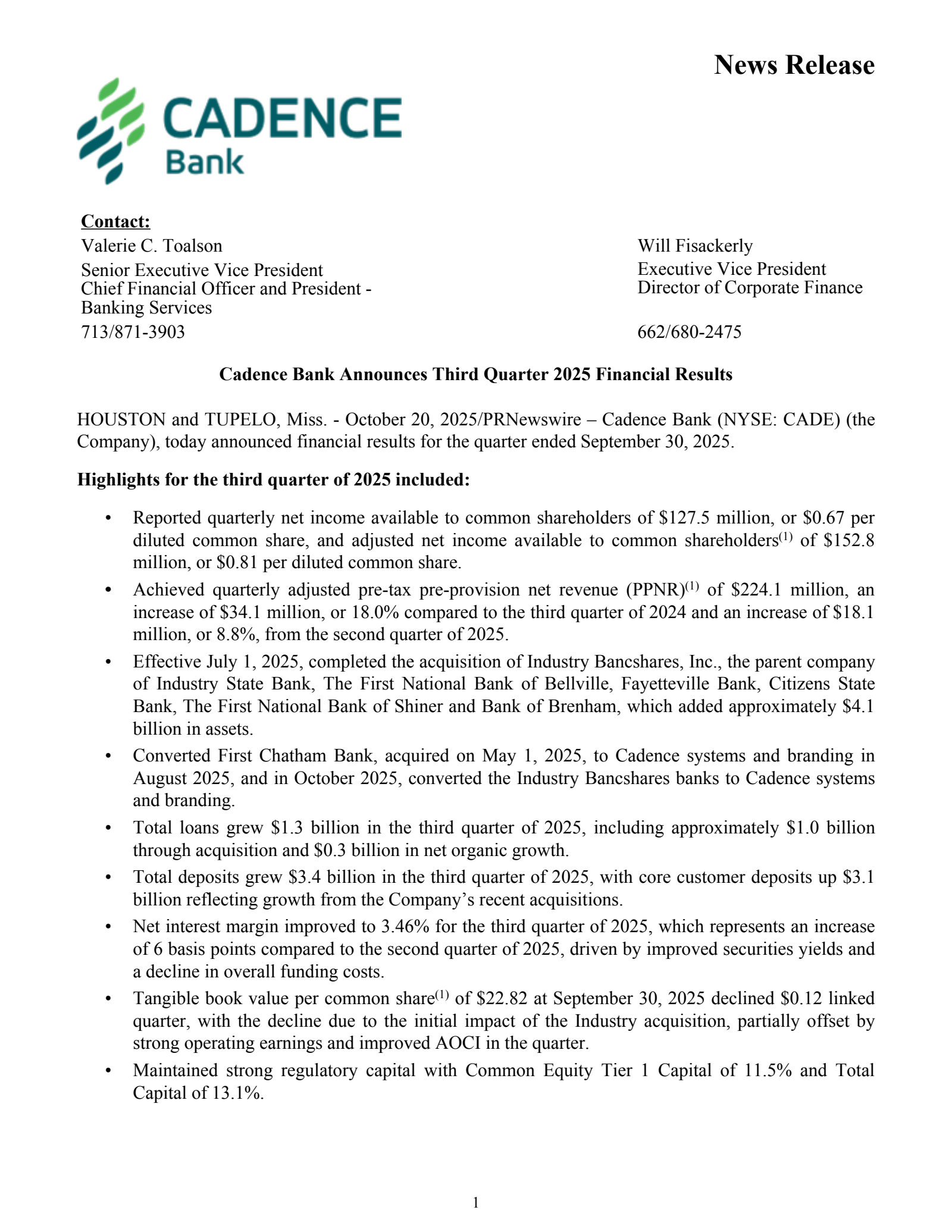 Cadence Bank's Q3 2025 Earnings Release