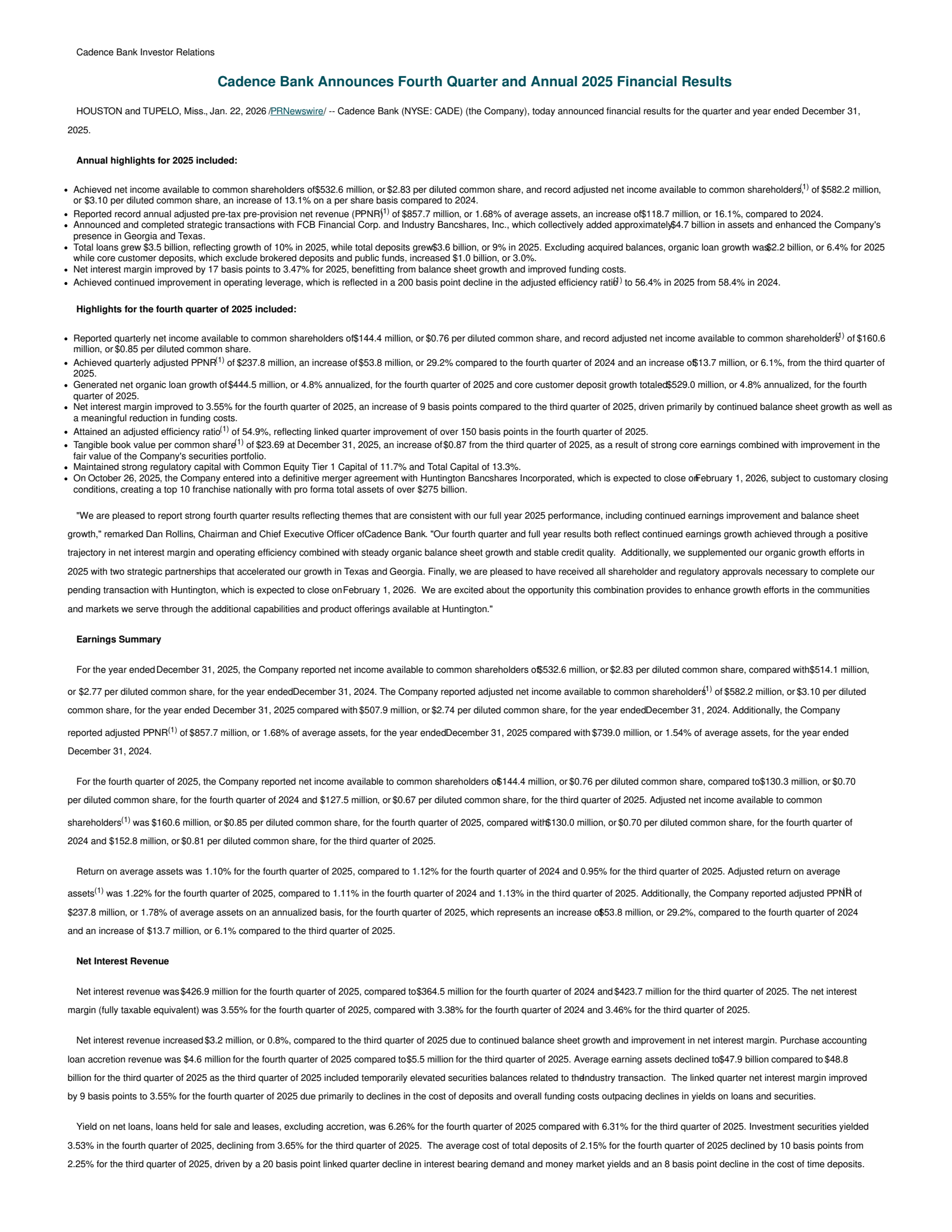 Cadence Bank's Q4 2025 Press Release