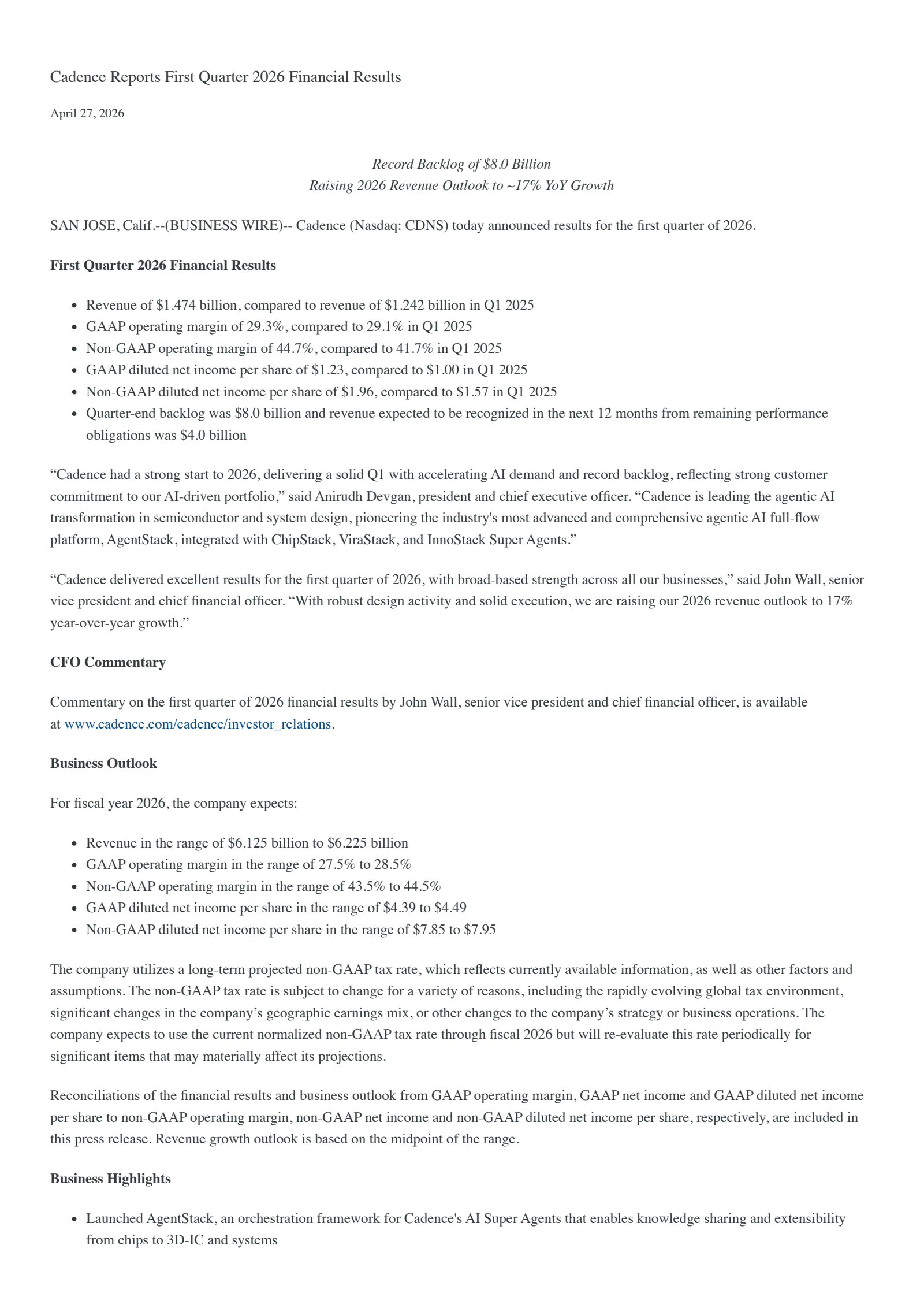 Cadence Design Systems' Q1 2026 Press Release