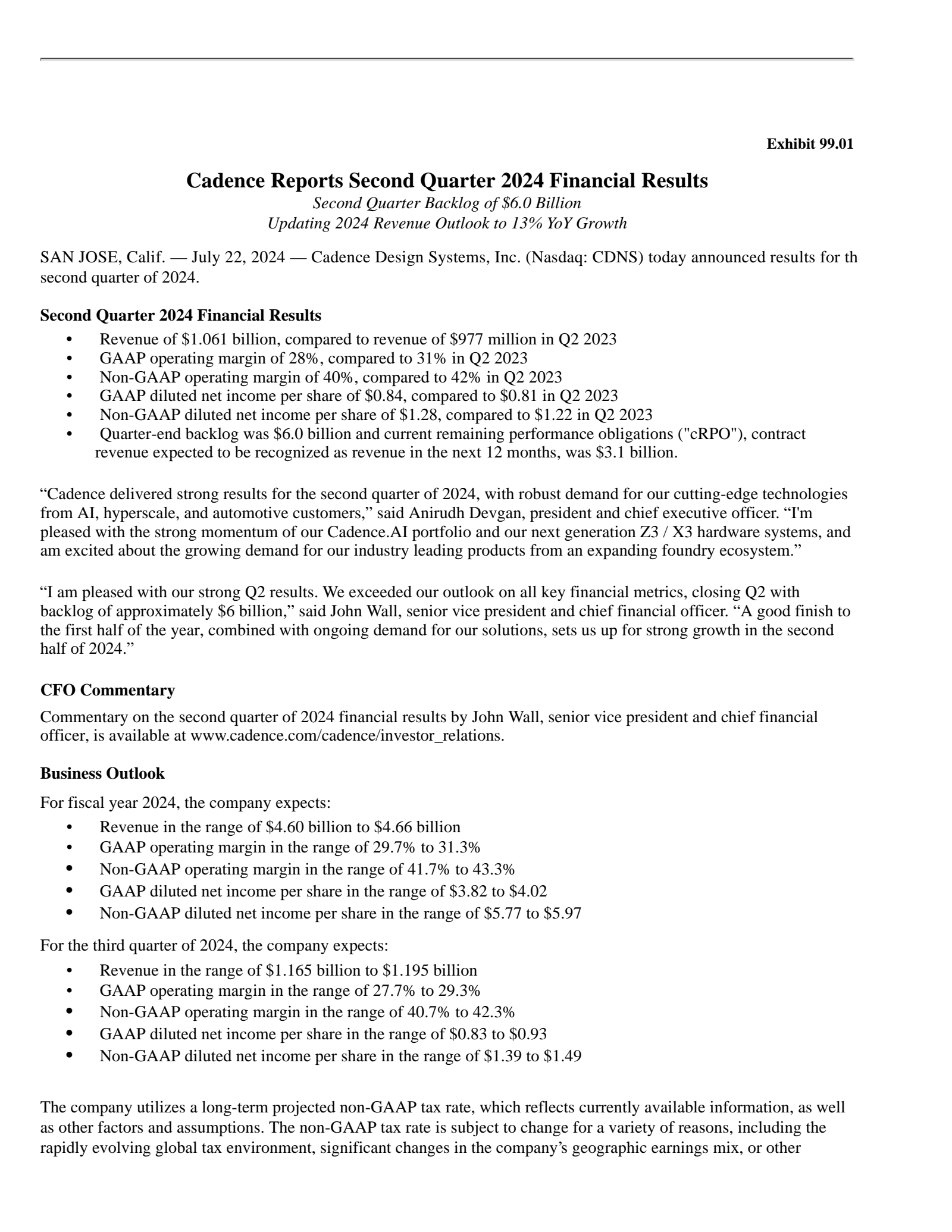 Cadence Design Systems' Q2 2024 Press Release