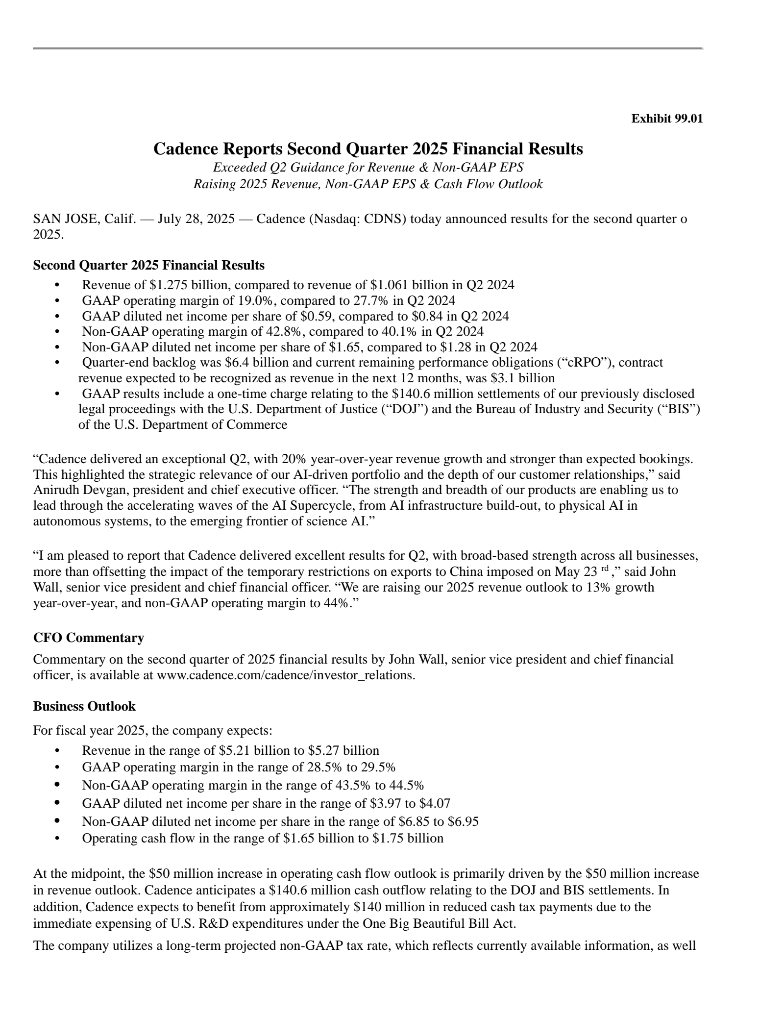 Cadence Design Systems' Q2 2025 Press Release