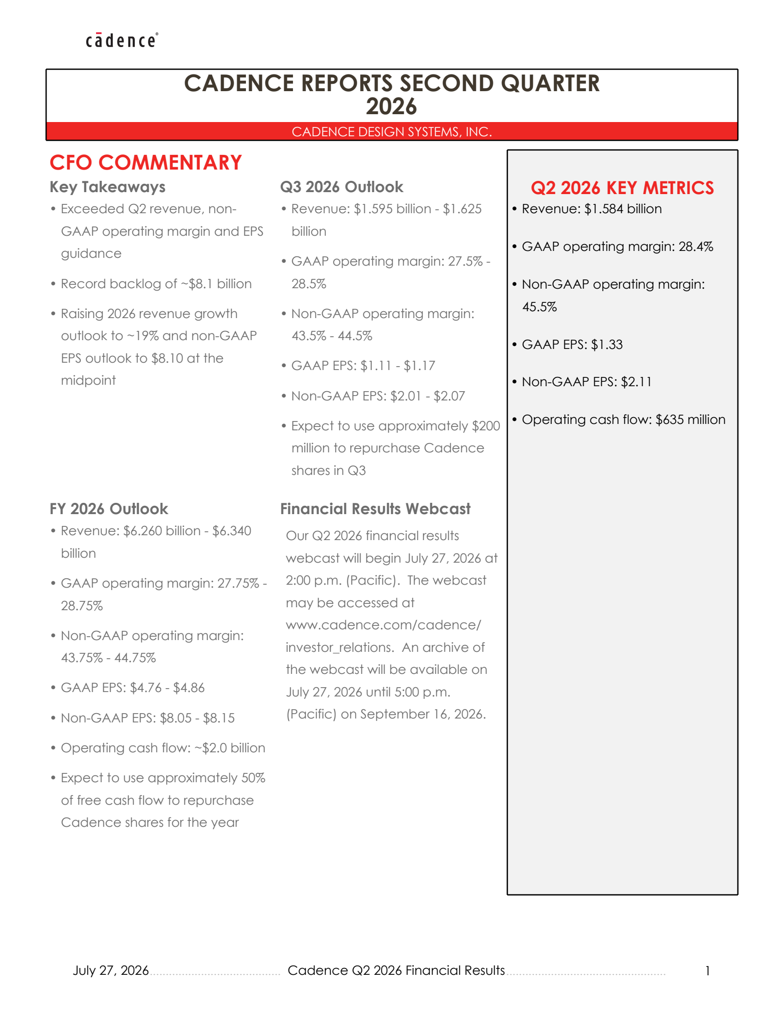 Cadence Design Systems' Q2 2026 Press Release