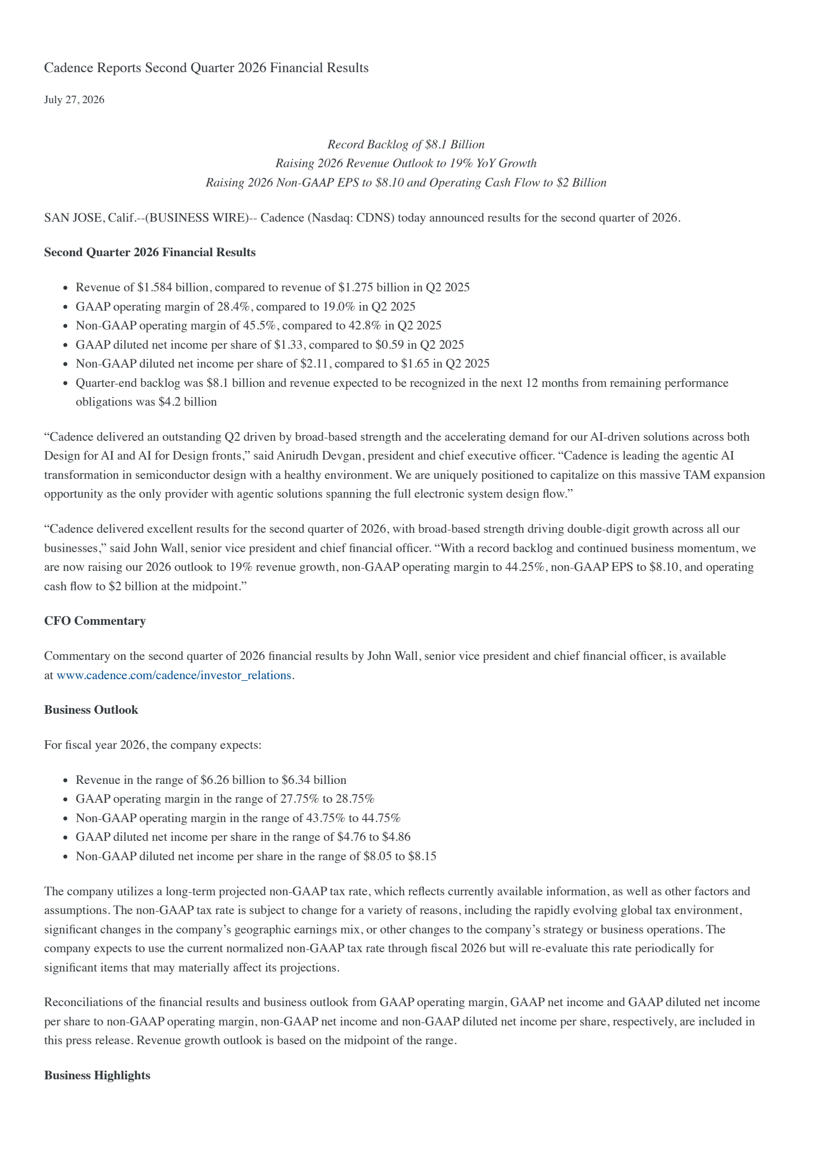 Cadence Design Systems' Q2 2026 Press Release