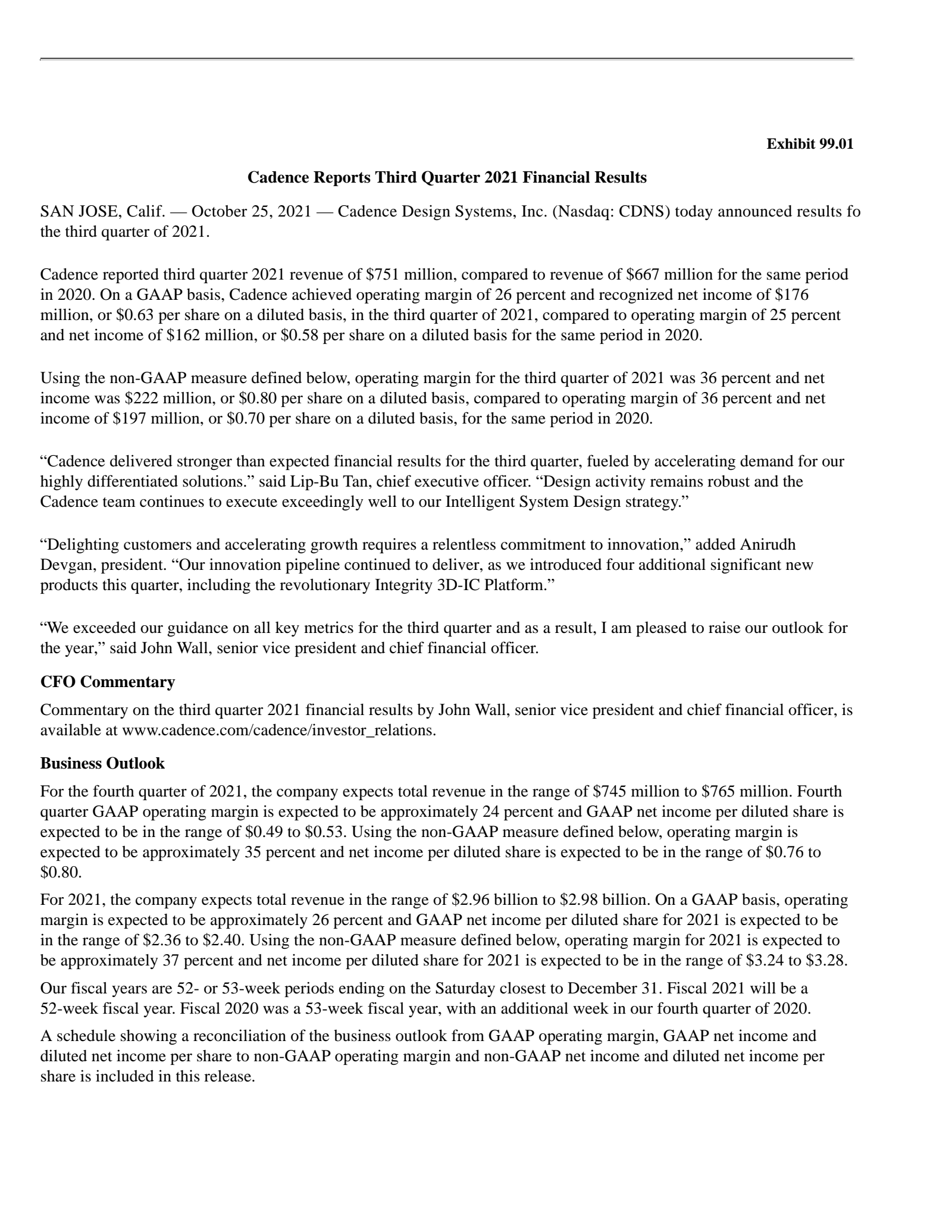 Cadence Design Systems' Q3 2021 Press Release