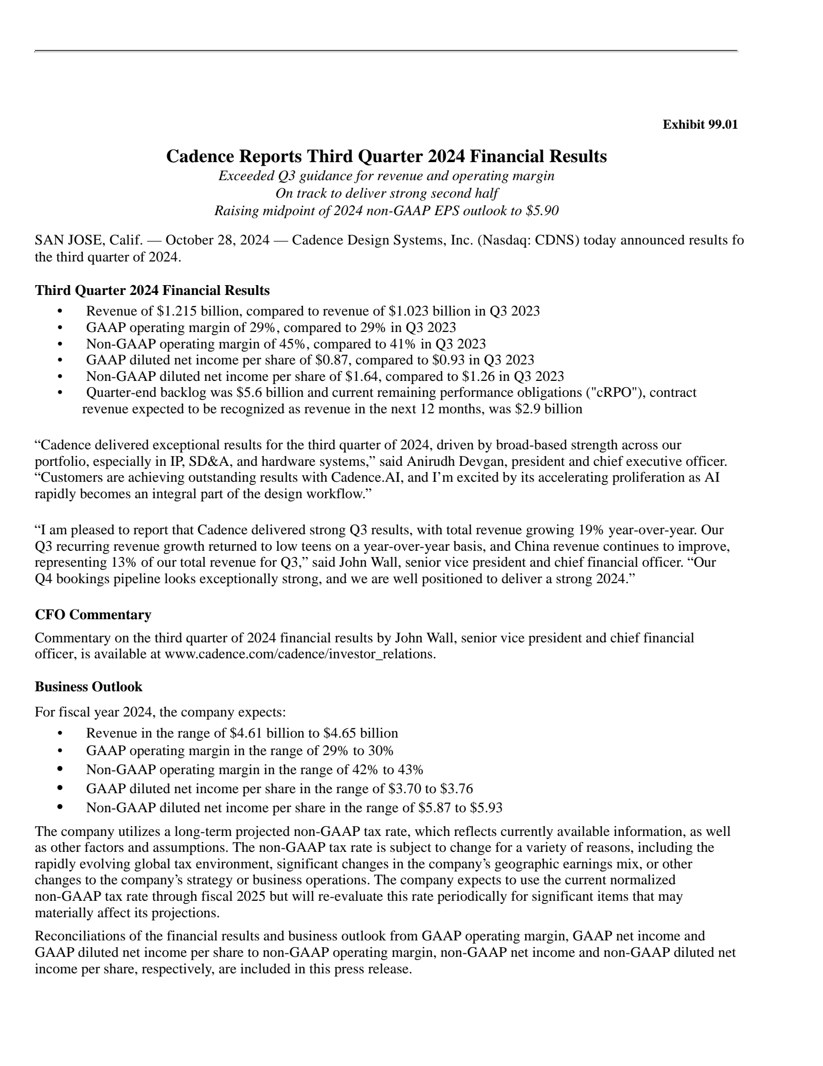 Cadence Design Systems' Q3 2024 Press Release