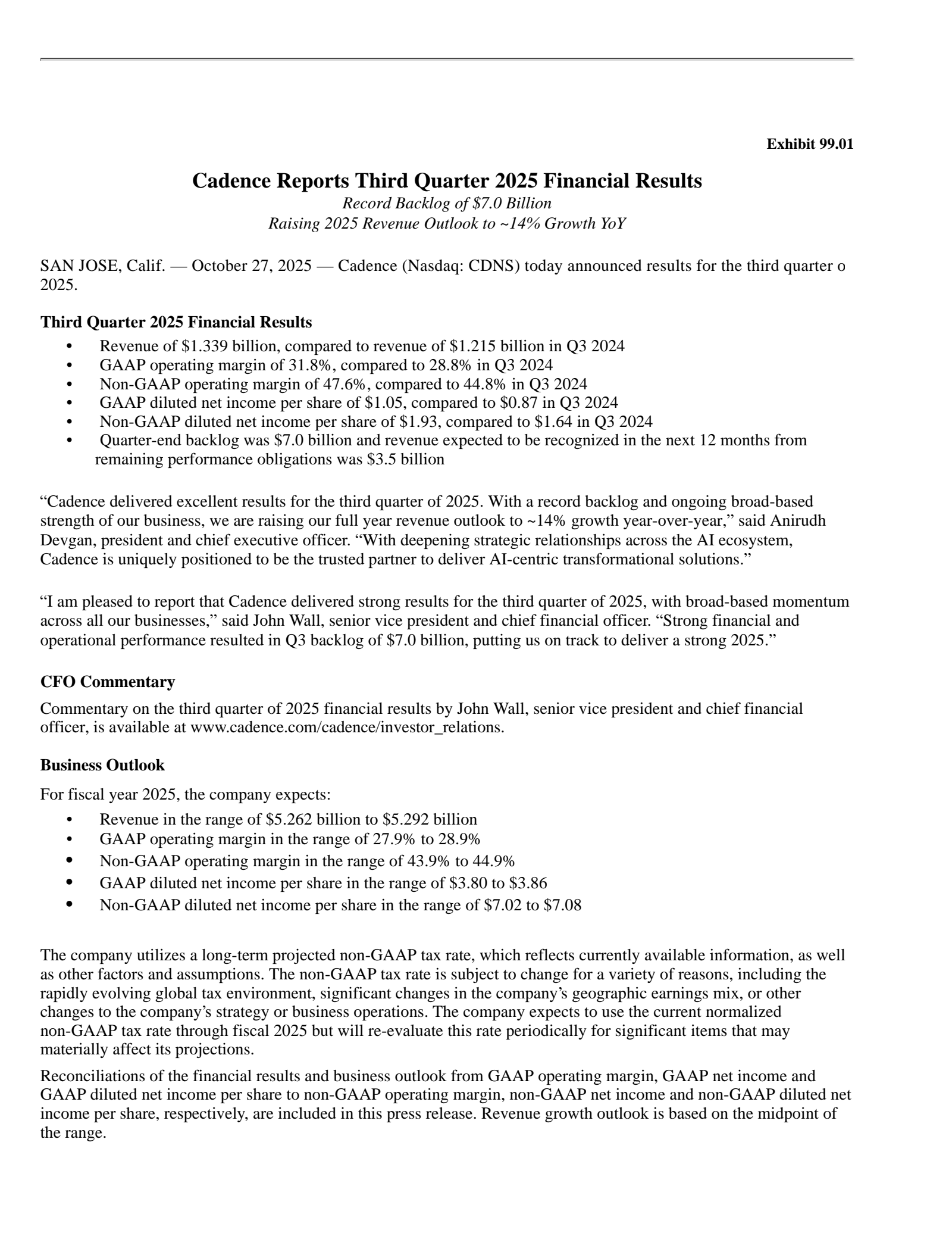 Cadence Design Systems' Q3 2025 Press Release