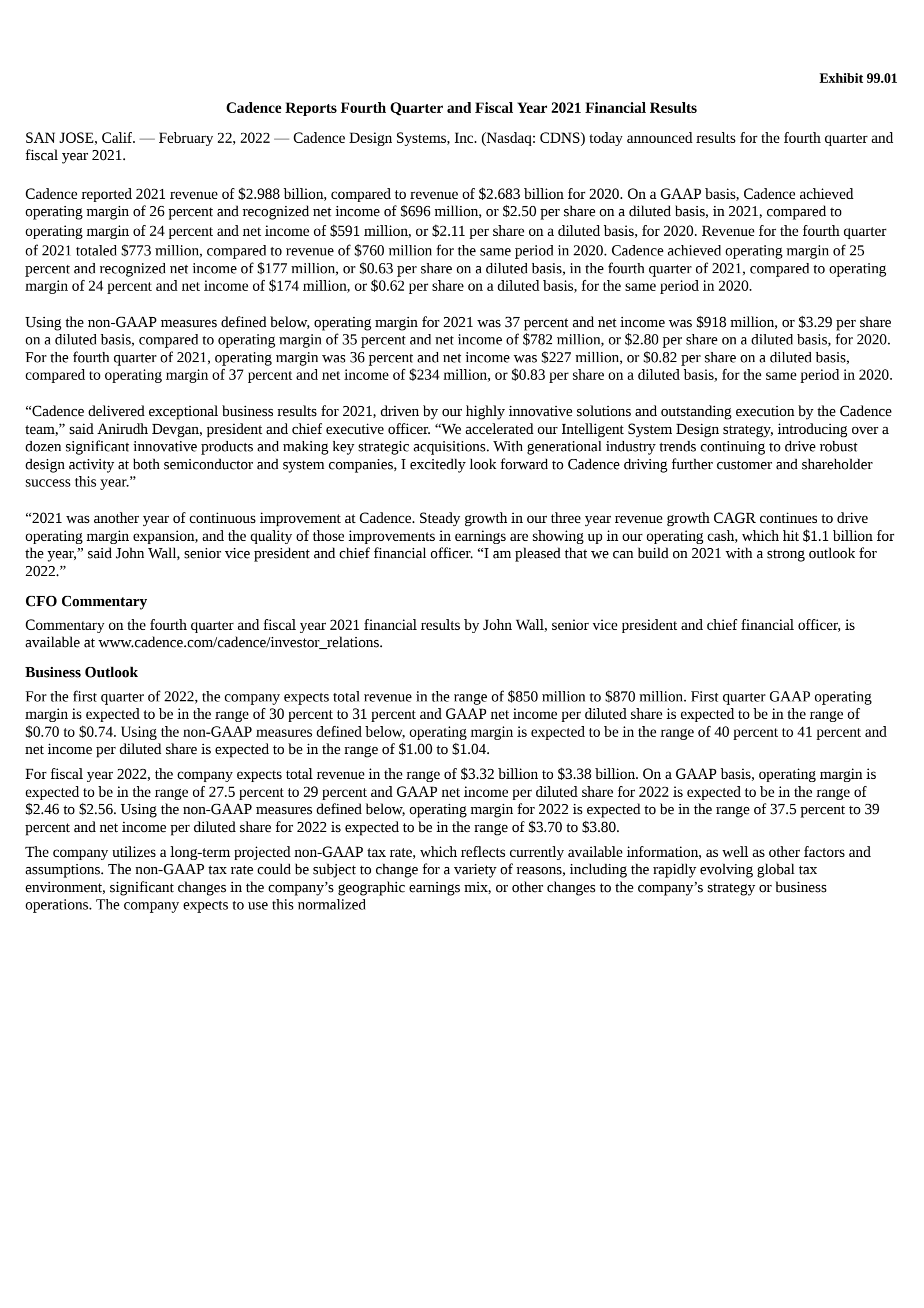 Cadence Design Systems' Q4 2021 Press Release