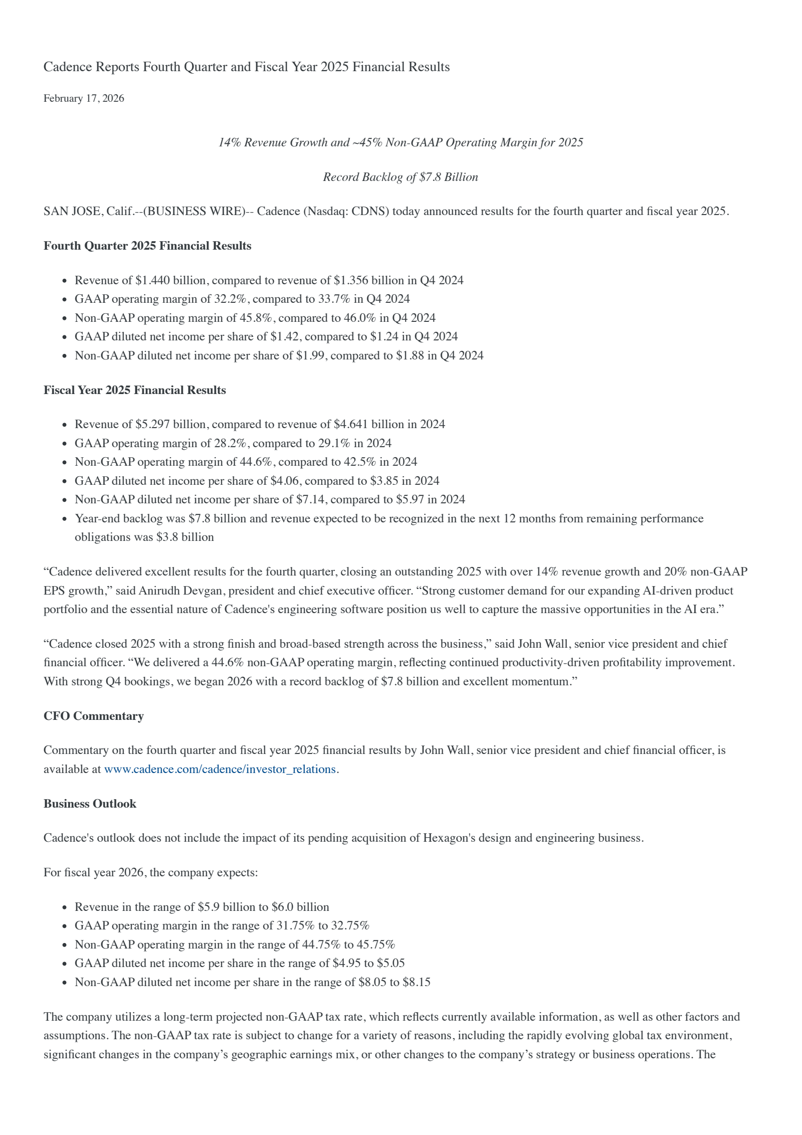 Cadence Design Systems' Q4 2025 Press Release