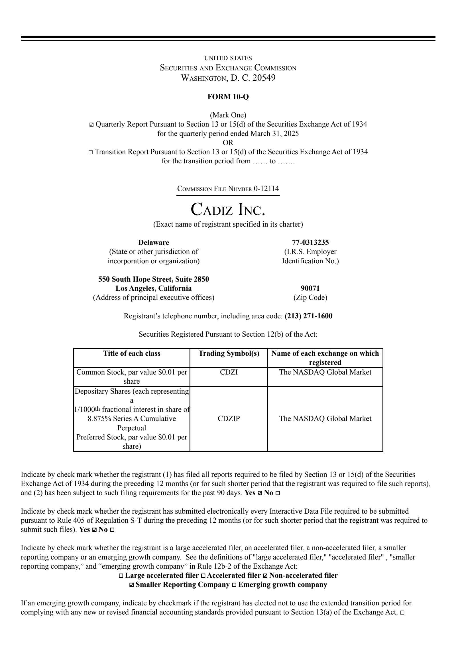 Cadiz's Q1 2025 Quarterly report