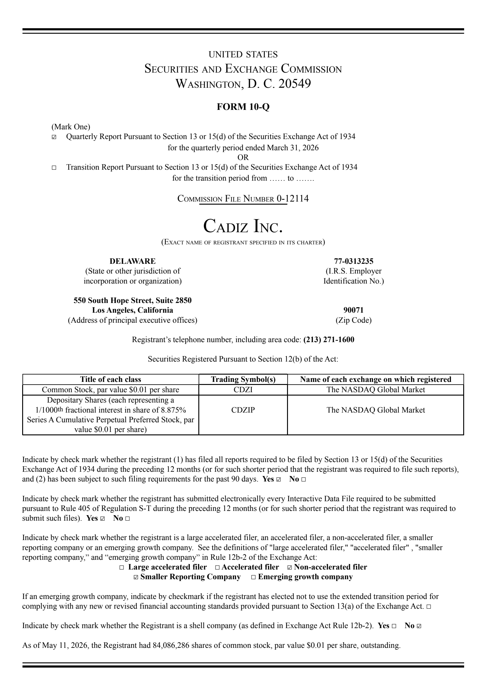 Cadiz's Q1 2026 Quarterly report