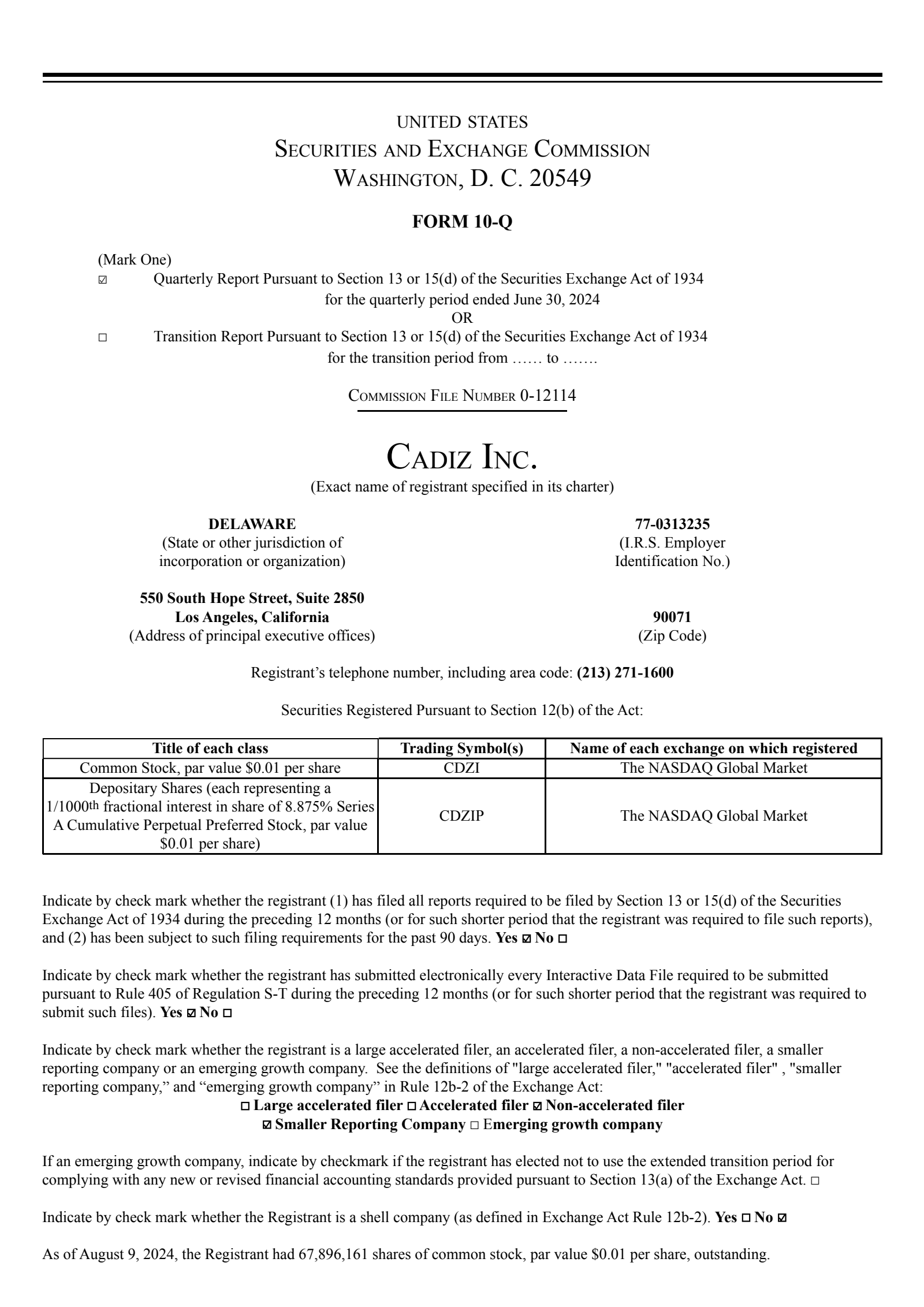 Cadiz's Q2 2024 Quarterly report