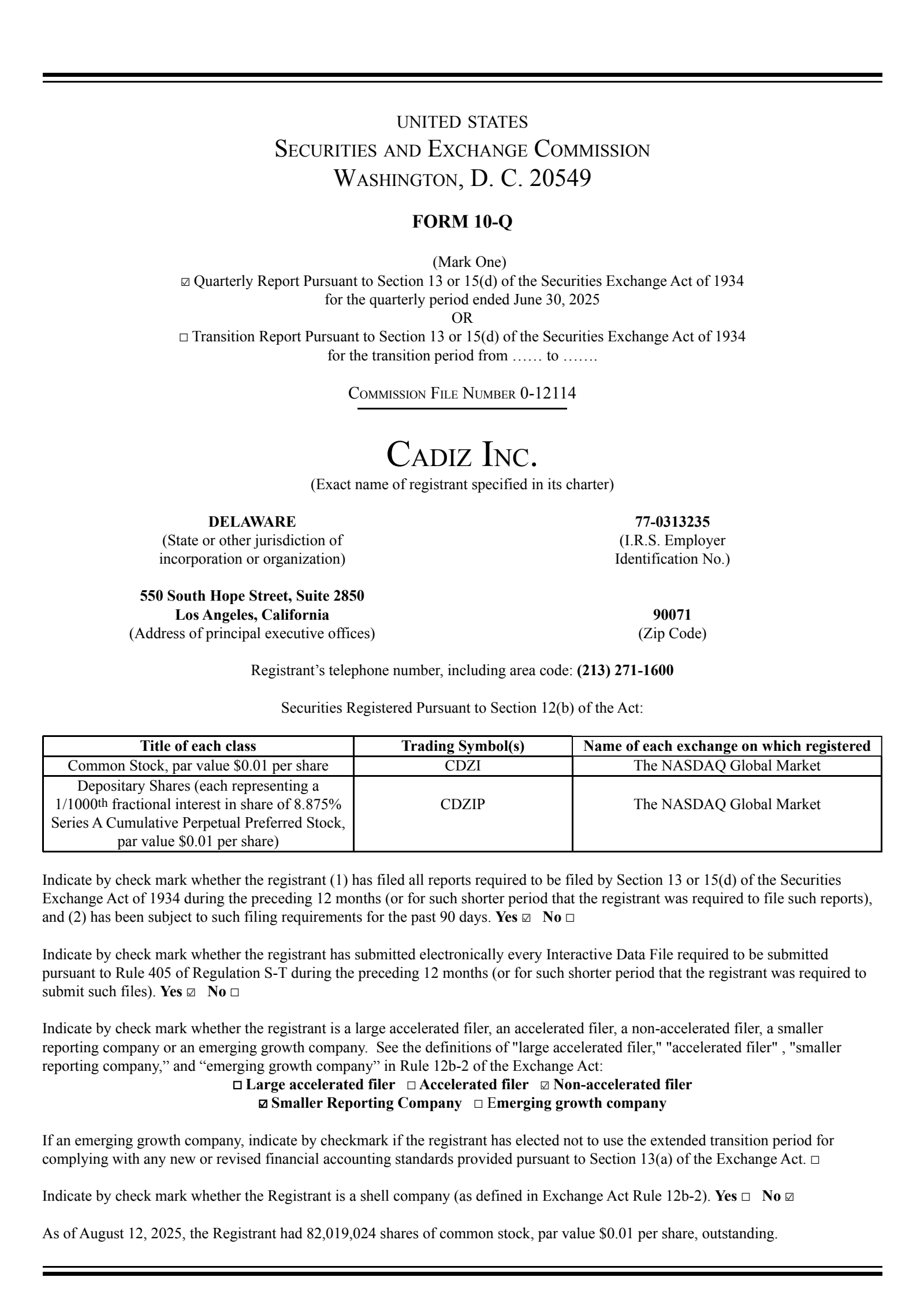 Cadiz's Q2 2025 Quarterly report