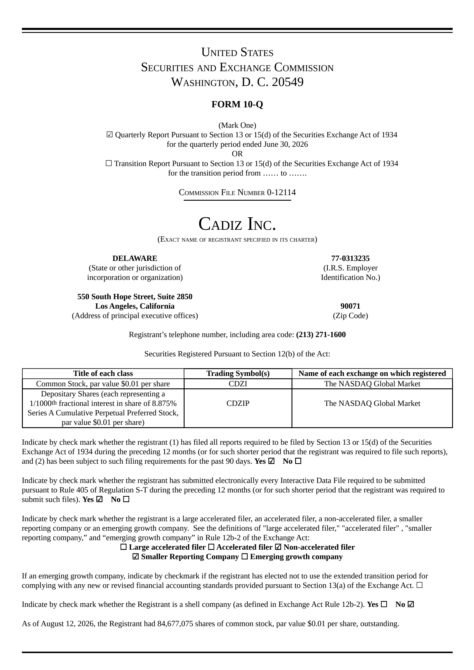 Cadiz's Q2 2026 Quarterly report