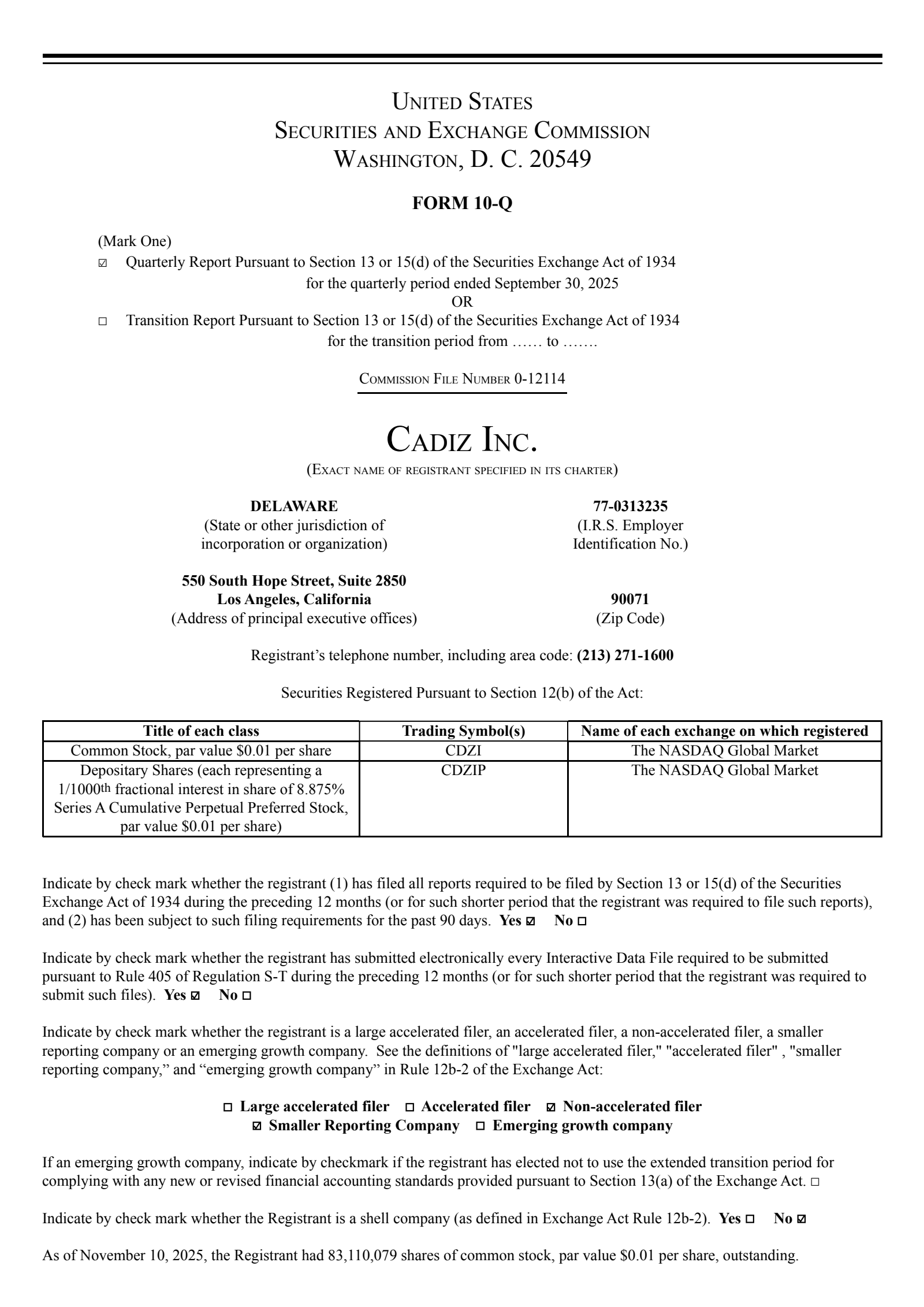 Cadiz's Q3 2025 Quarterly report