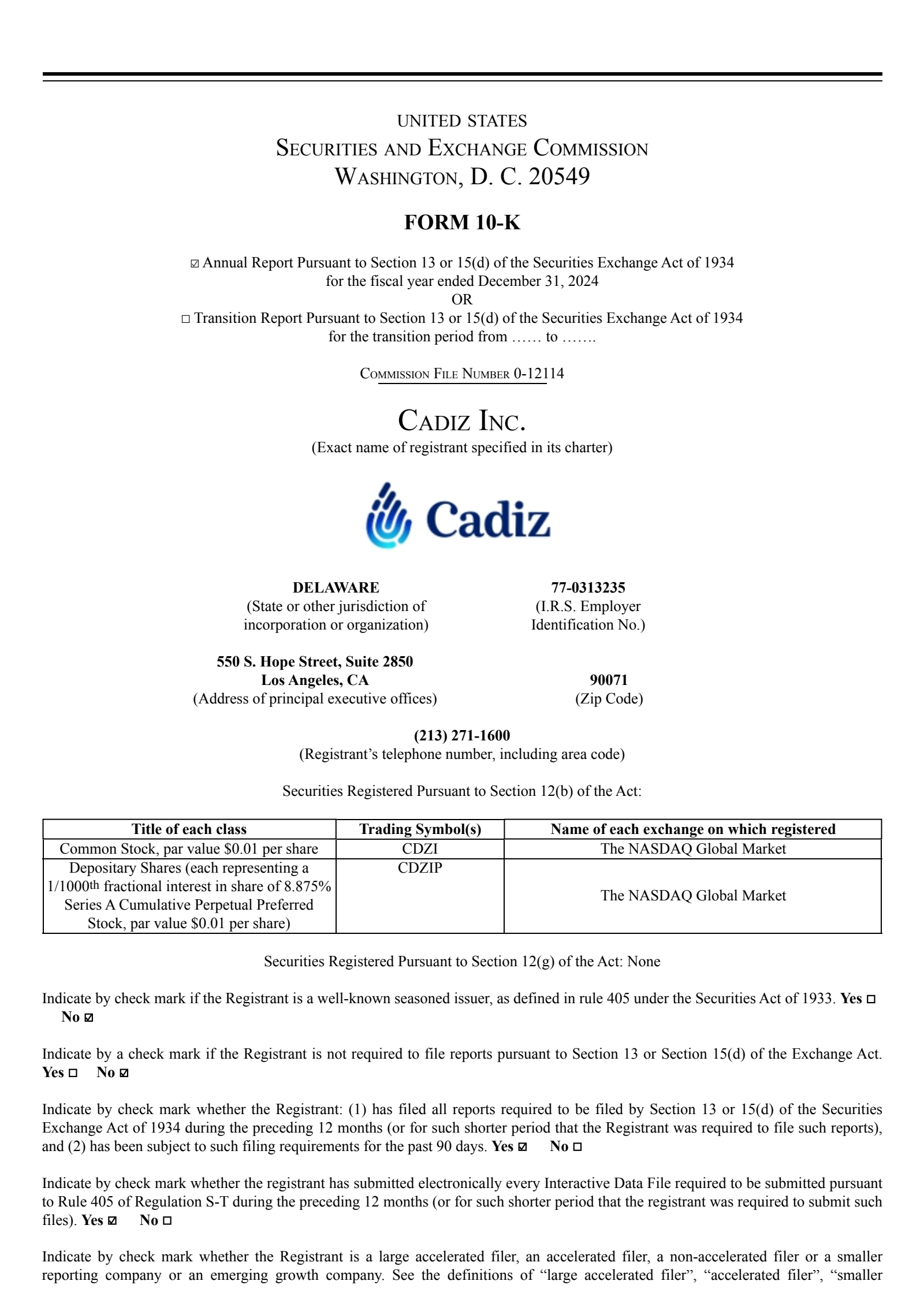 Cadiz's Q4 2024 Annual report