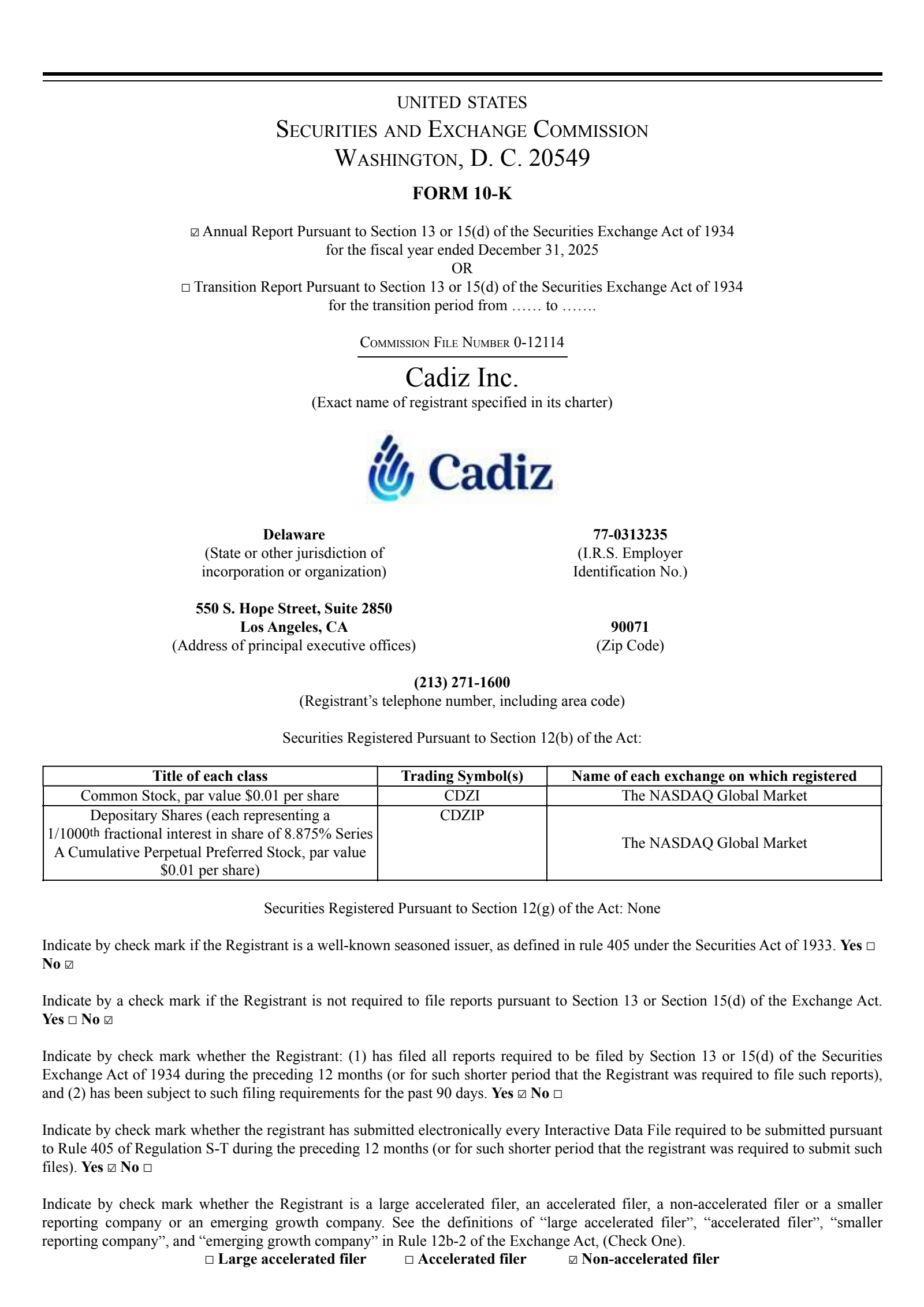Cadiz's Q4 2025 Annual report