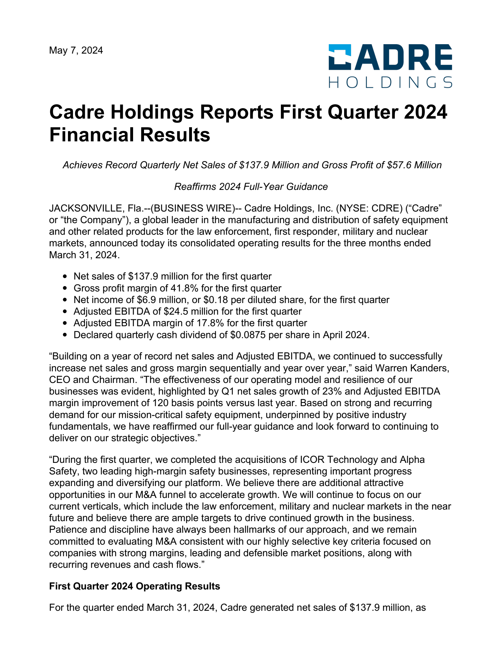 Cadre's Q1 2024 Press Release