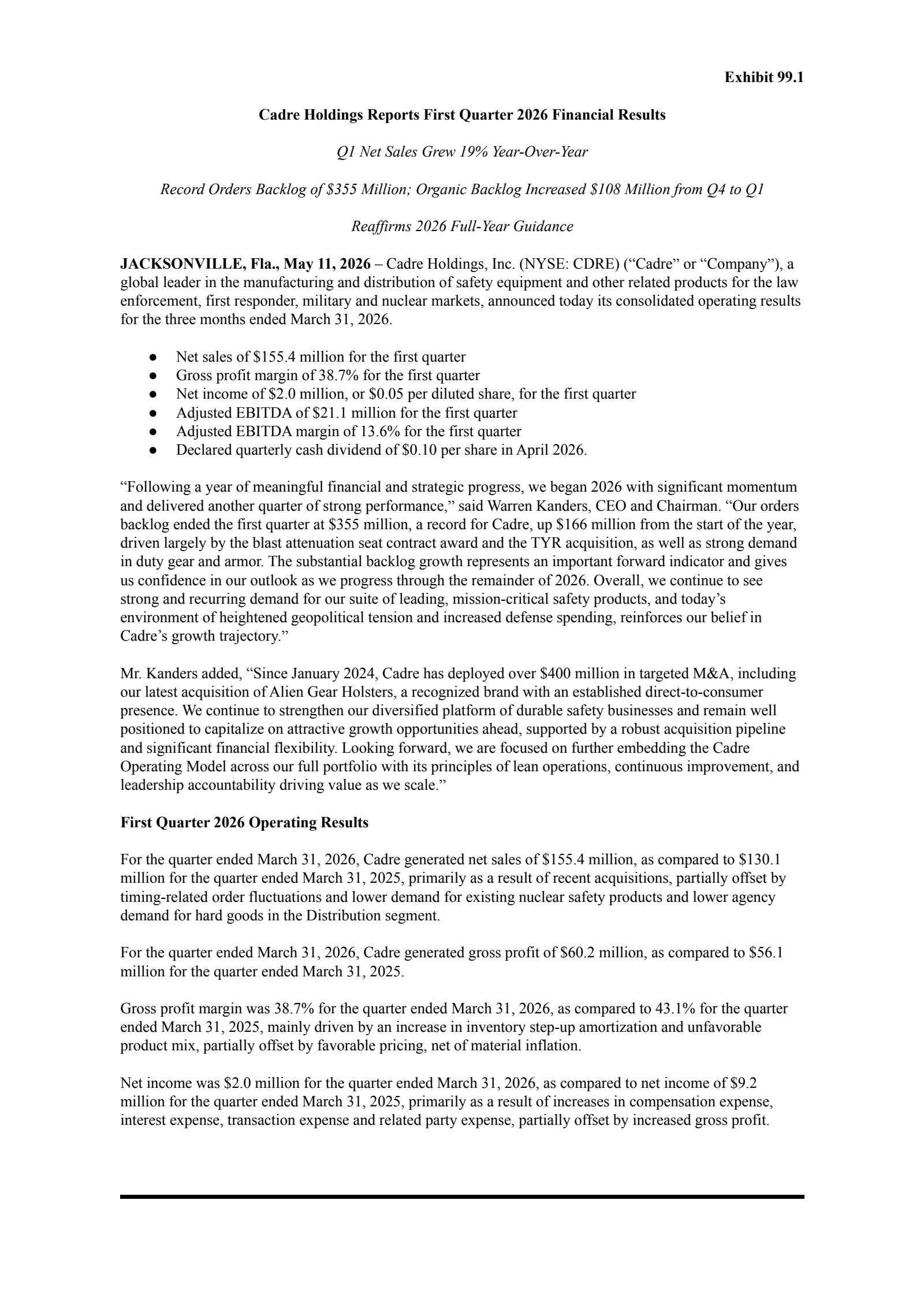 Cadre's Q1 2026 Press Release