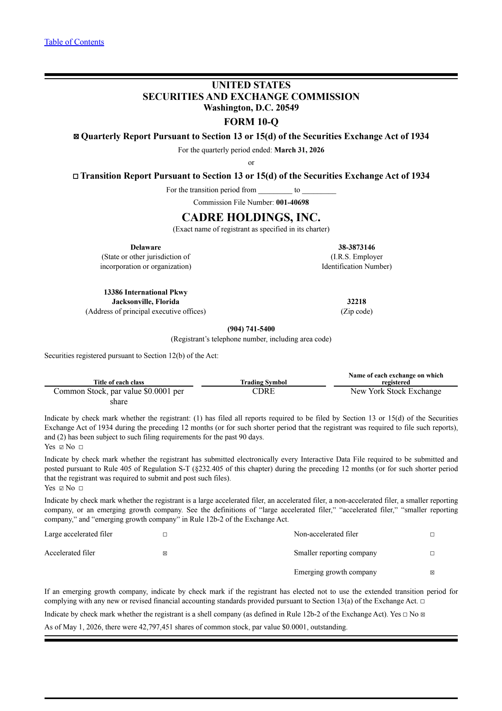 Cadre's Q1 2026 Quarterly report