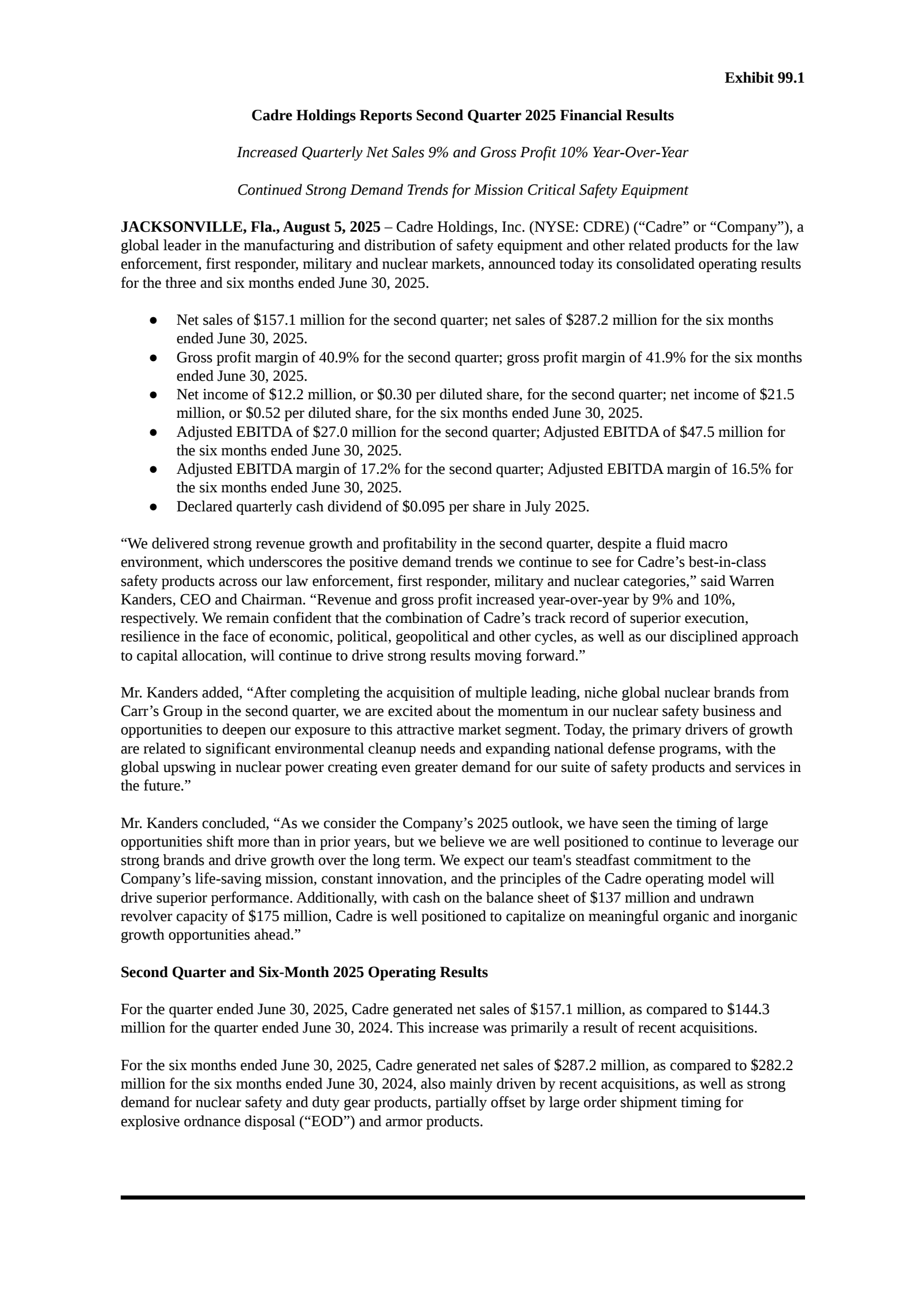 Cadre's Q2 2025 Press Release