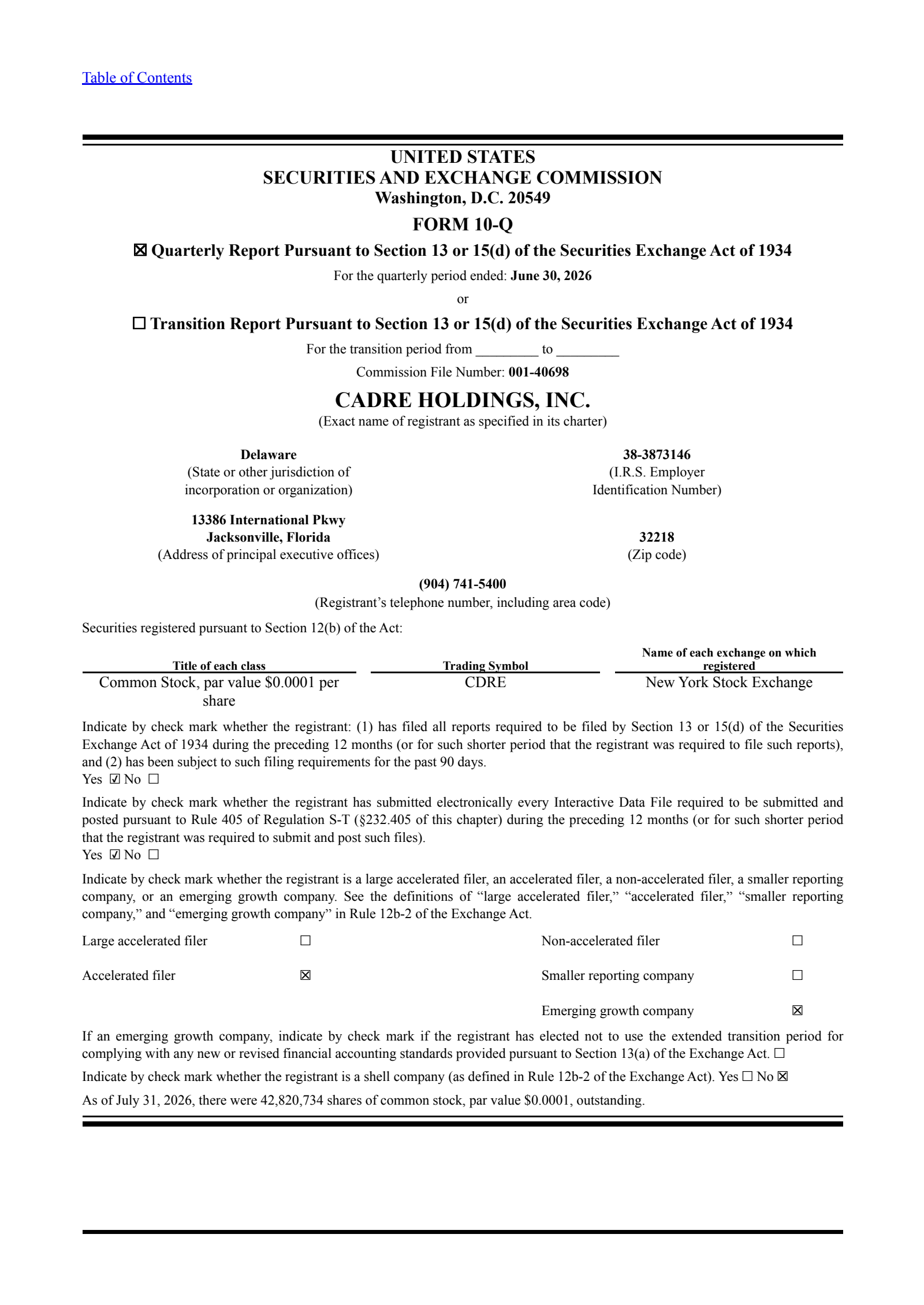 Cadre's Q2 2026 Quarterly report