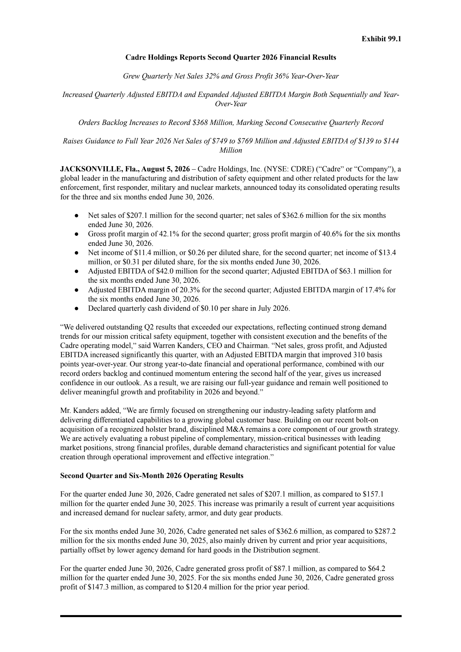 Cadre's Q2 2026 Press Release