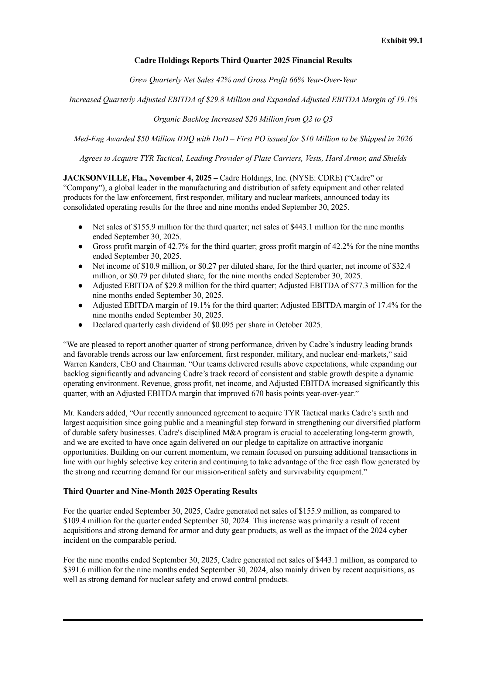 Cadre's Q3 2025 Earnings Release
