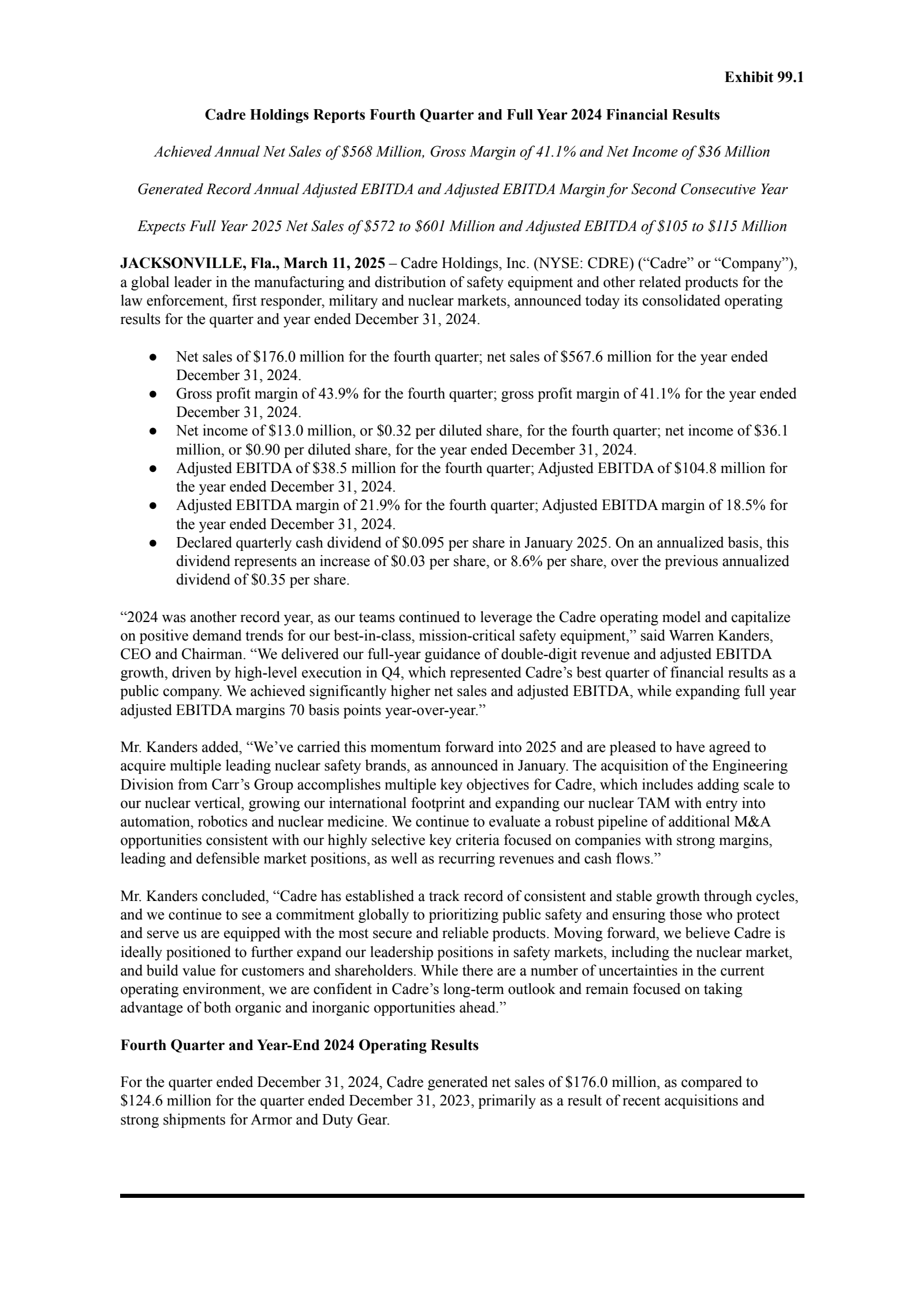 Cadre's Q4 2024 Press Release