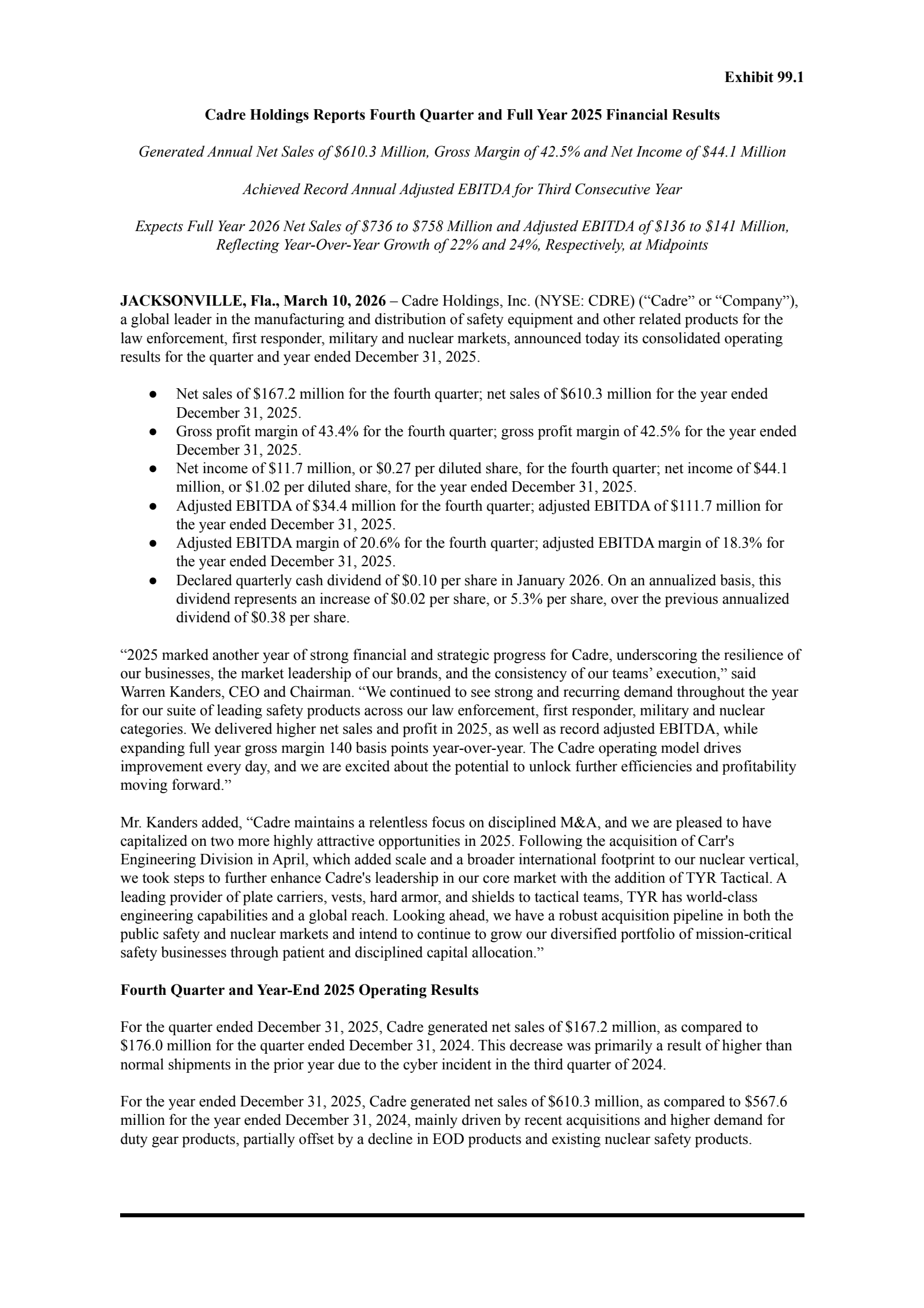 Cadre's Q4 2025 Press Release