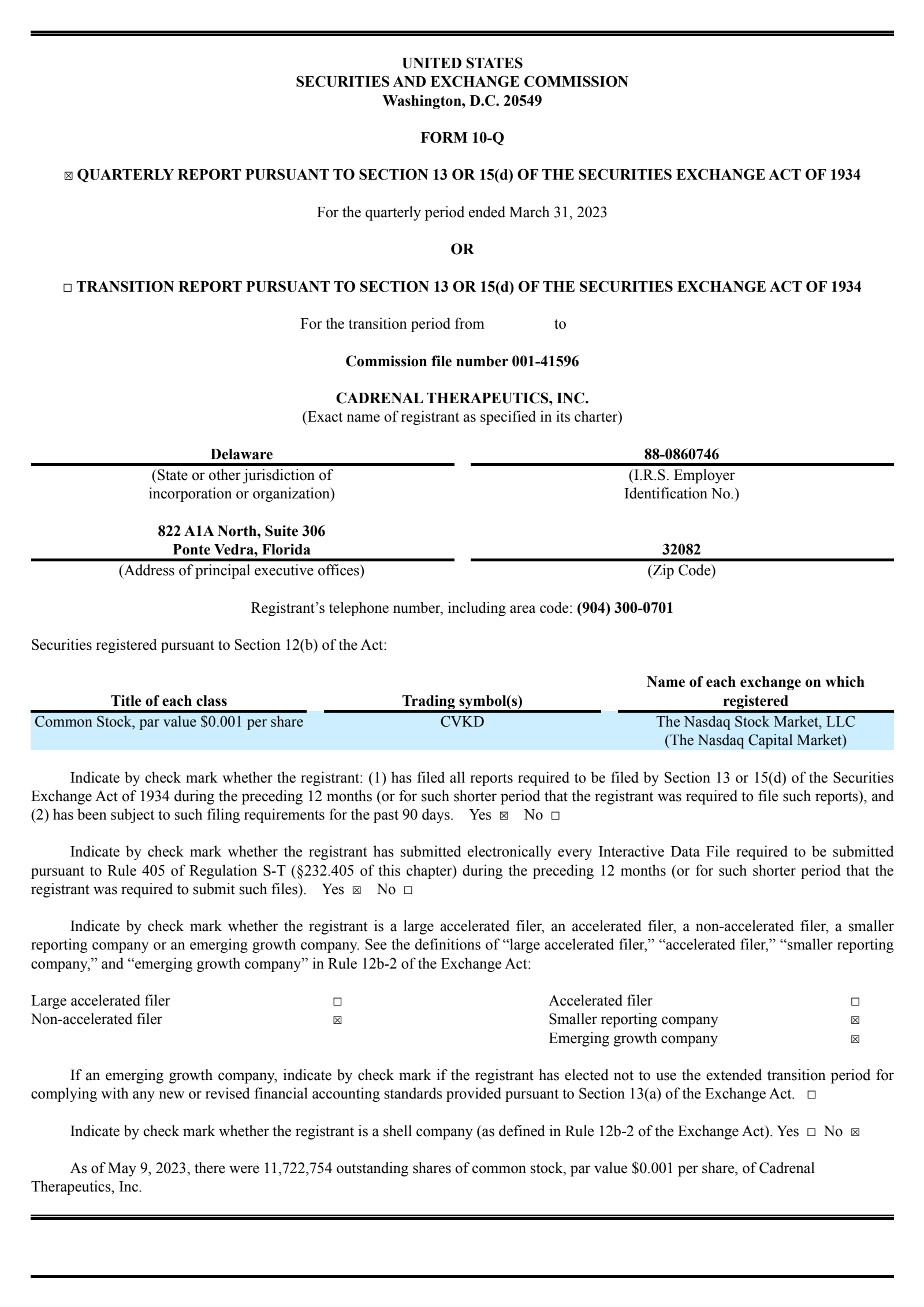 Cadrenal Therapeutics' Q1 2023 Quarterly report