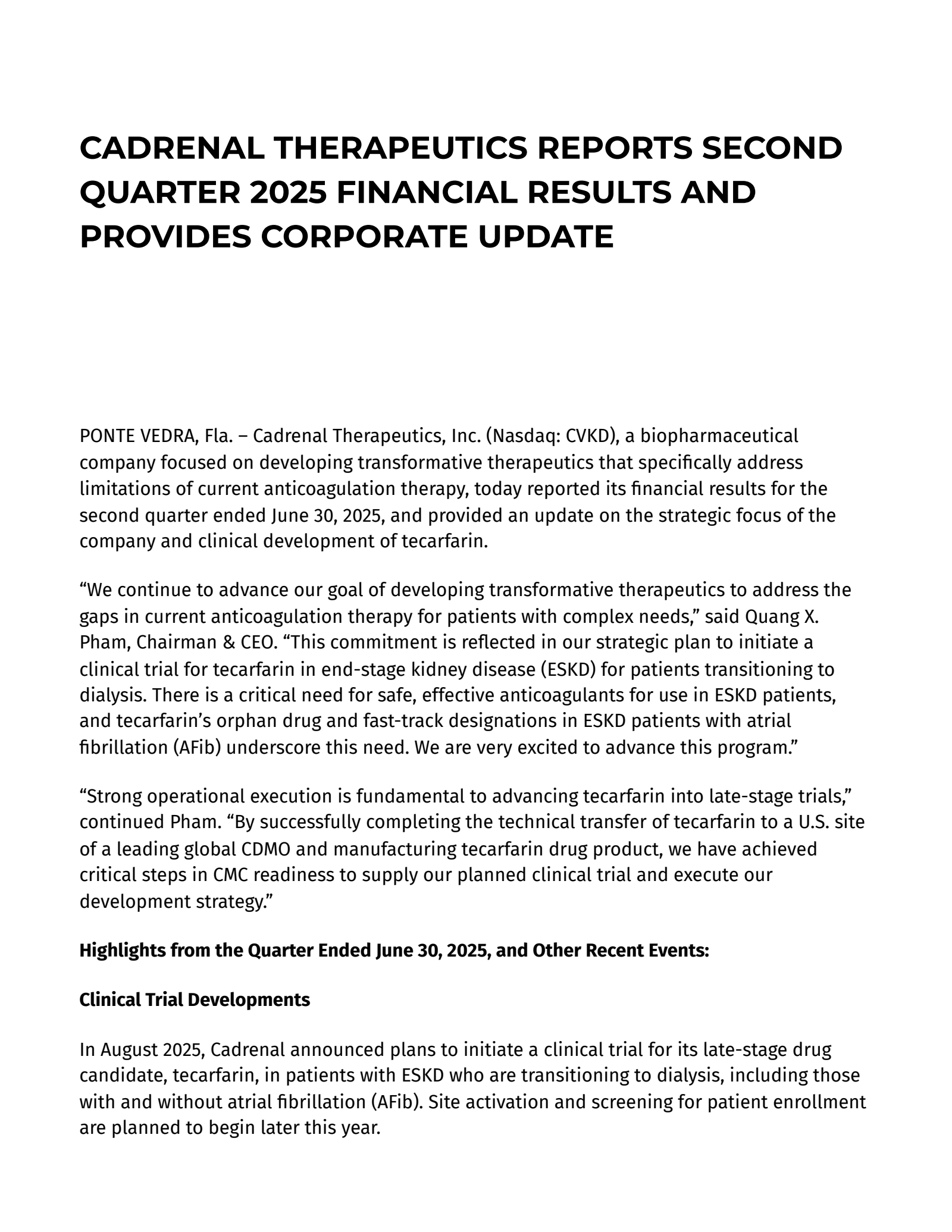 Cadrenal Therapeutics' Q2 2025 Press Release