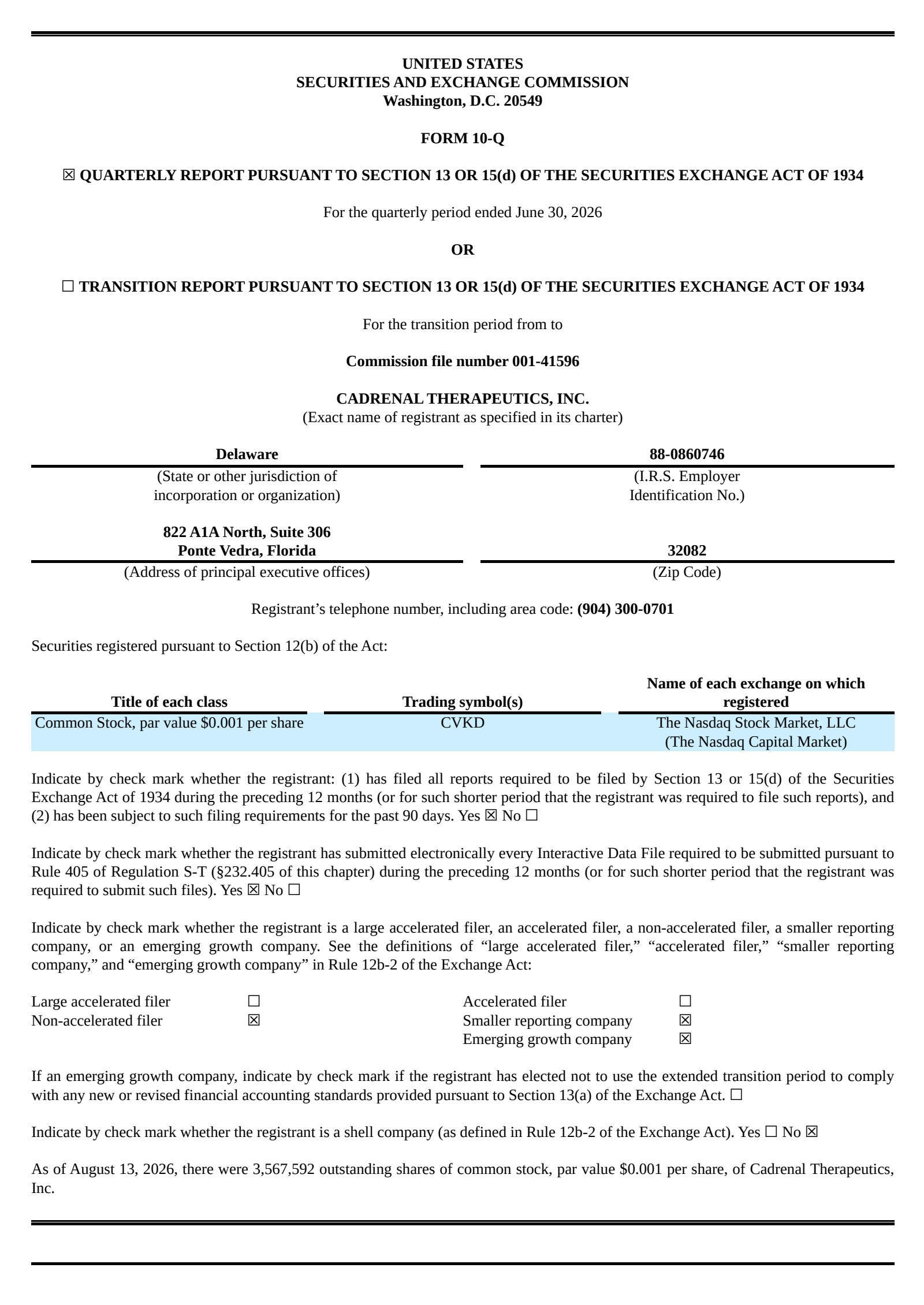 Cadrenal Therapeutics' Q2 2026 Quarterly report
