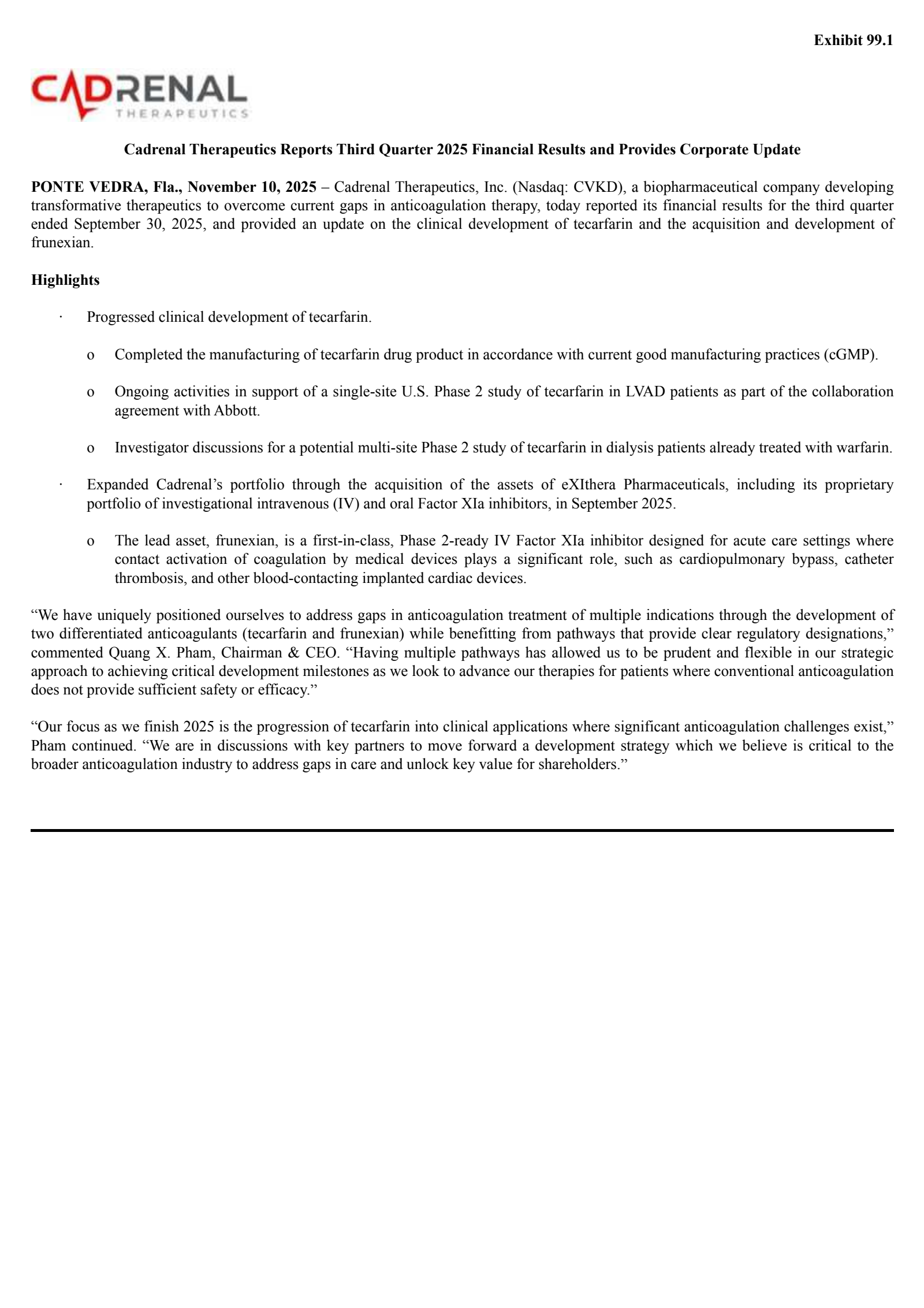 Cadrenal Therapeutics' Q3 2025 Earnings Release