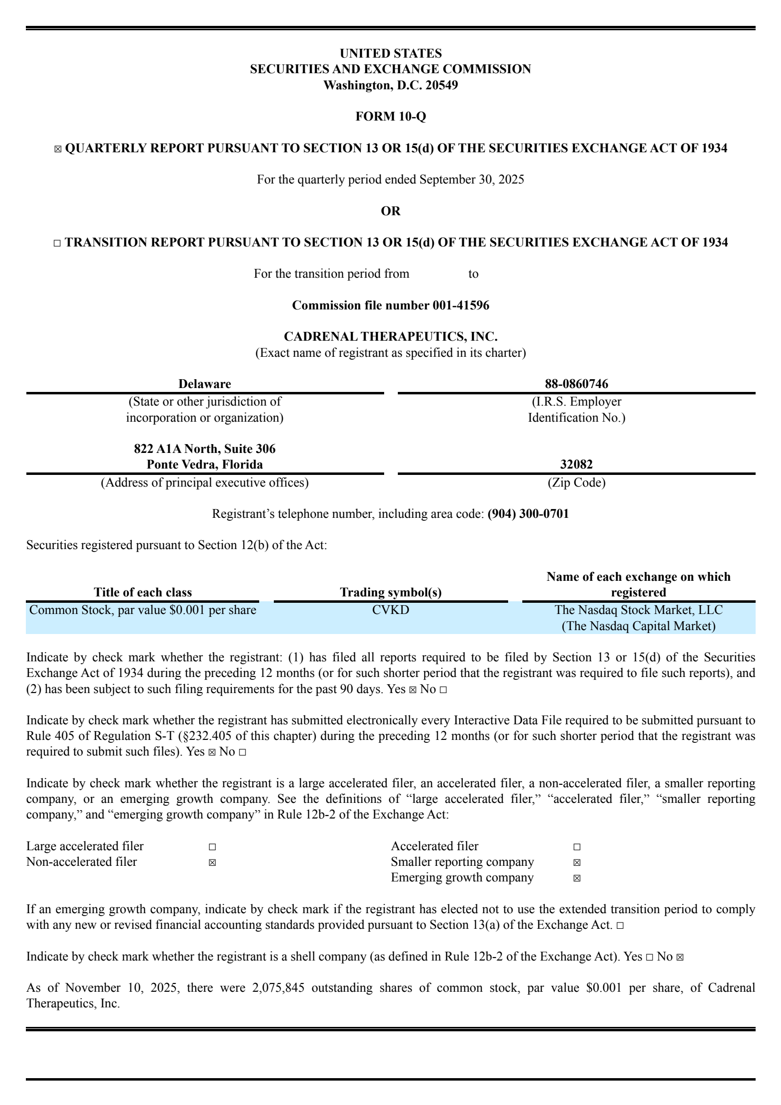 Cadrenal Therapeutics' Q3 2025 Quarterly Report