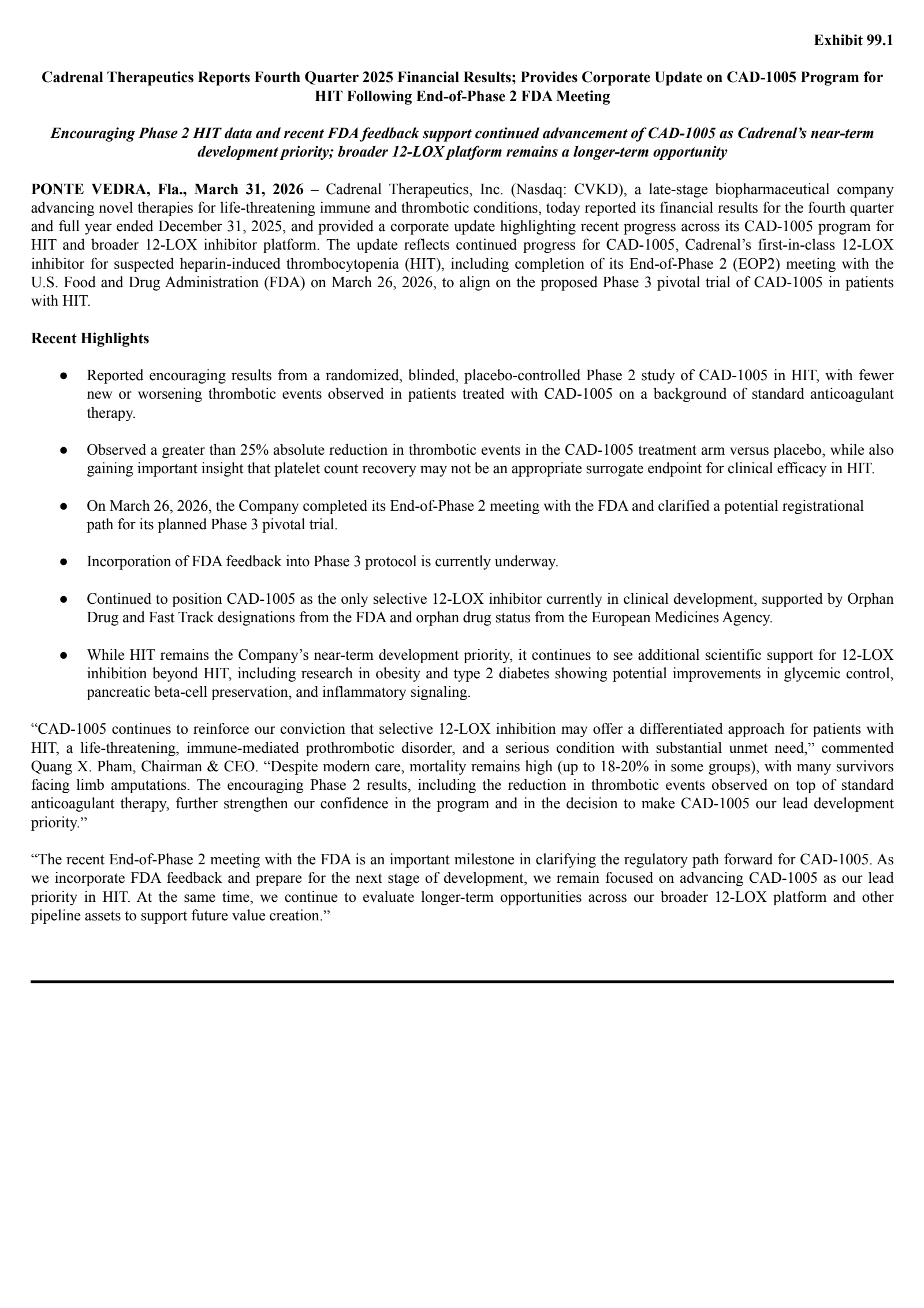 Cadrenal Therapeutics' Q4 2025 Press Release