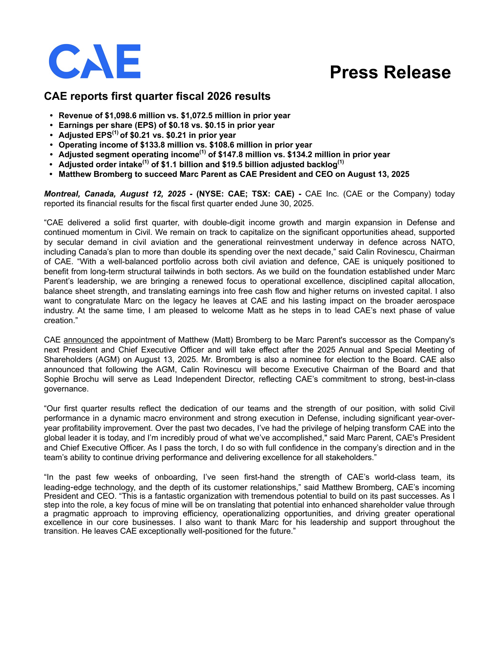 CAE's Q1 2026 Press Release