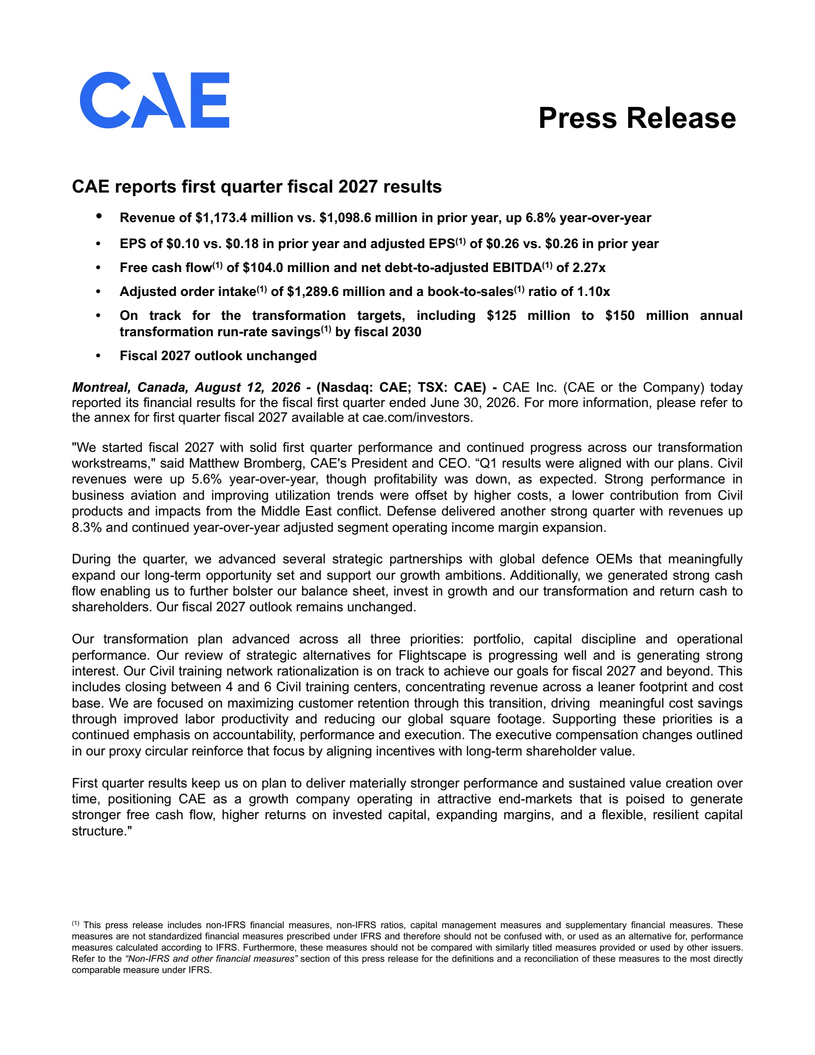 CAE's Q1 2027 Press Release