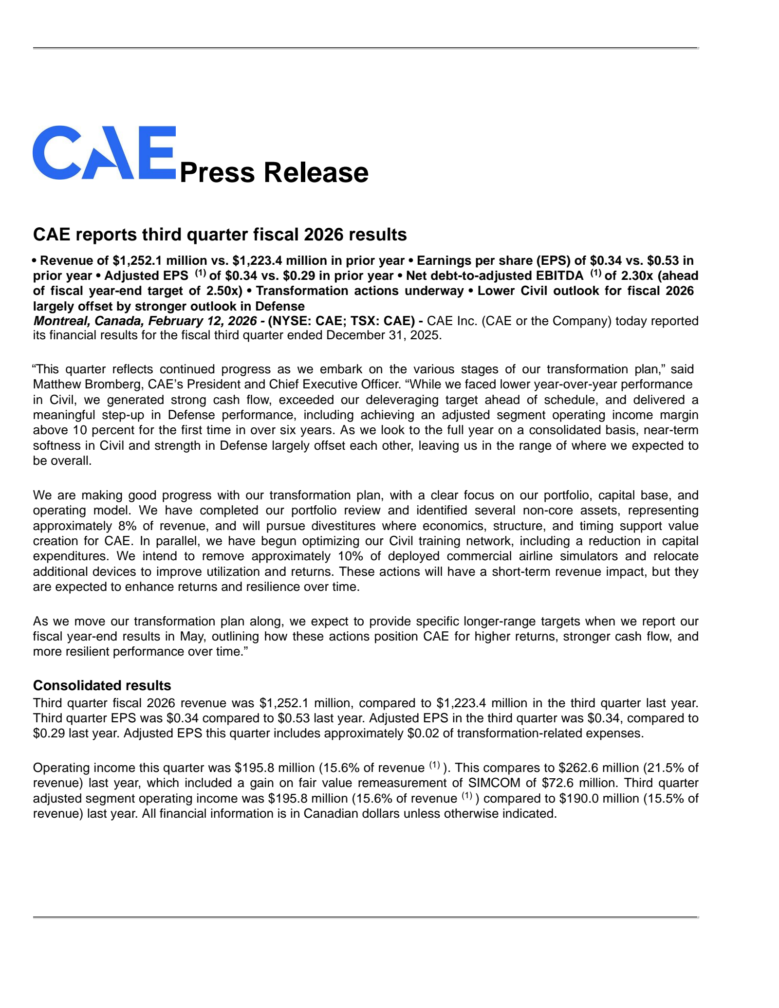 CAE's Q3 2026 Press Release