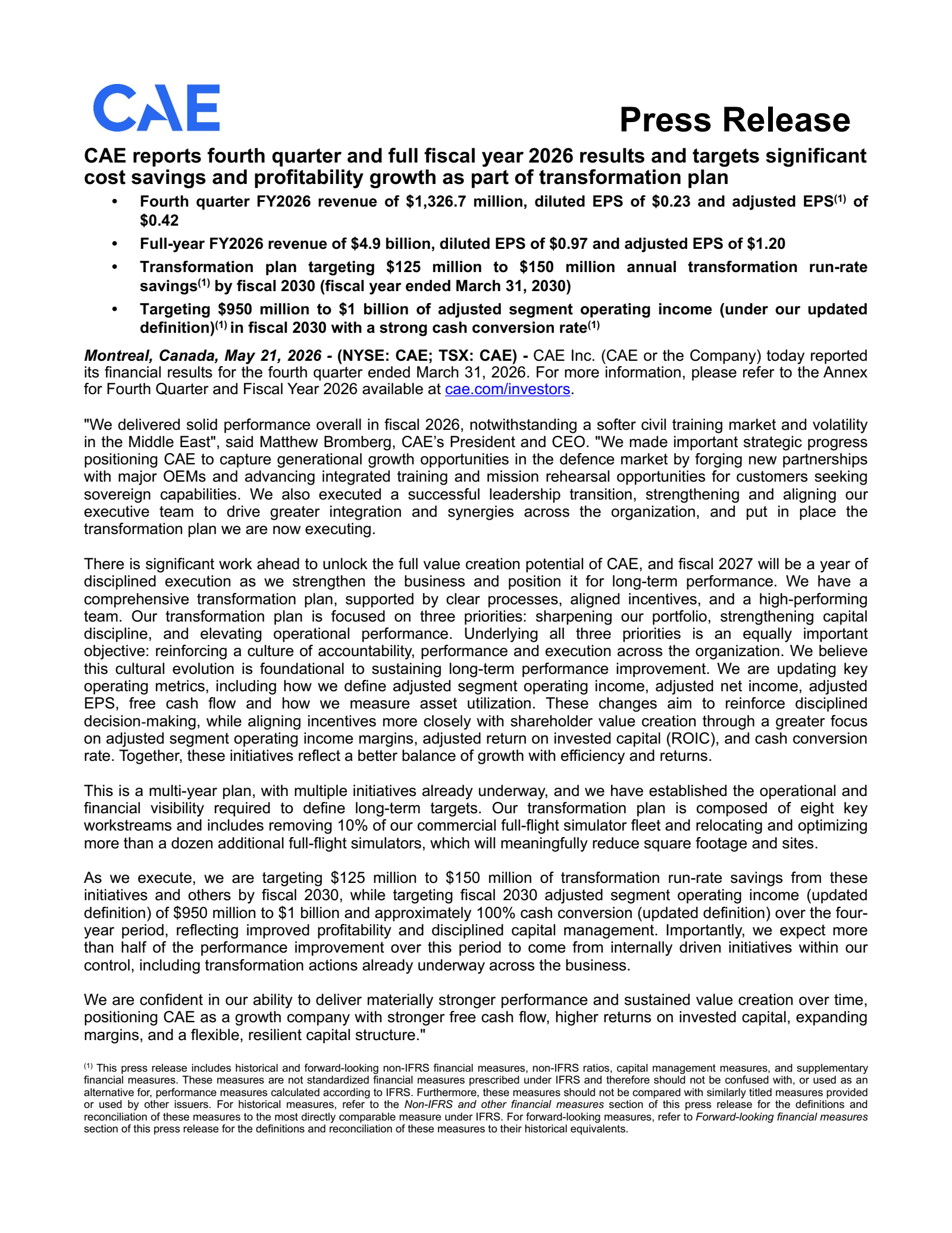 CAE's Q4 2026 Press Release