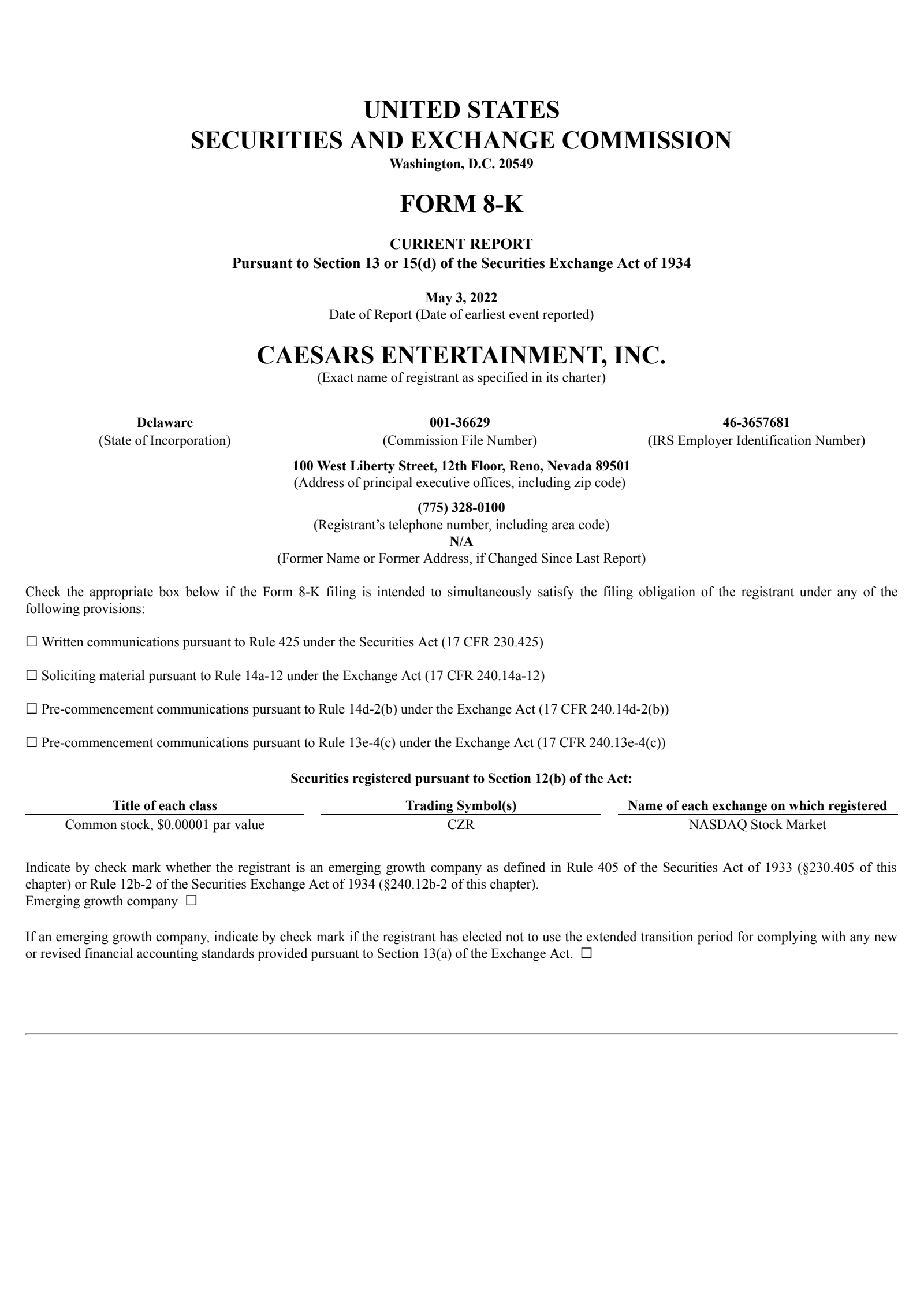 Caesars Entertainment's Q1 2022 Press Release