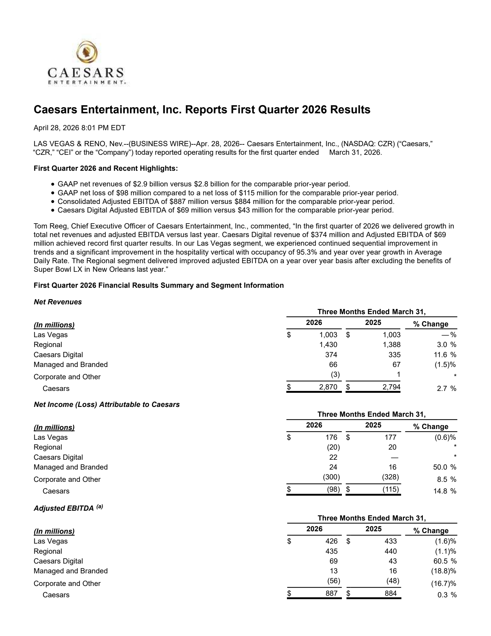 Caesars Entertainment's Q1 2026 Press Release