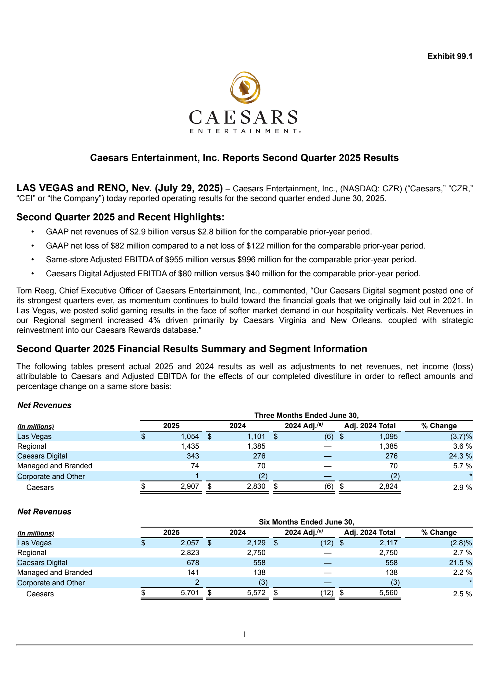 Caesars Entertainment's Q2 2025 Press Release