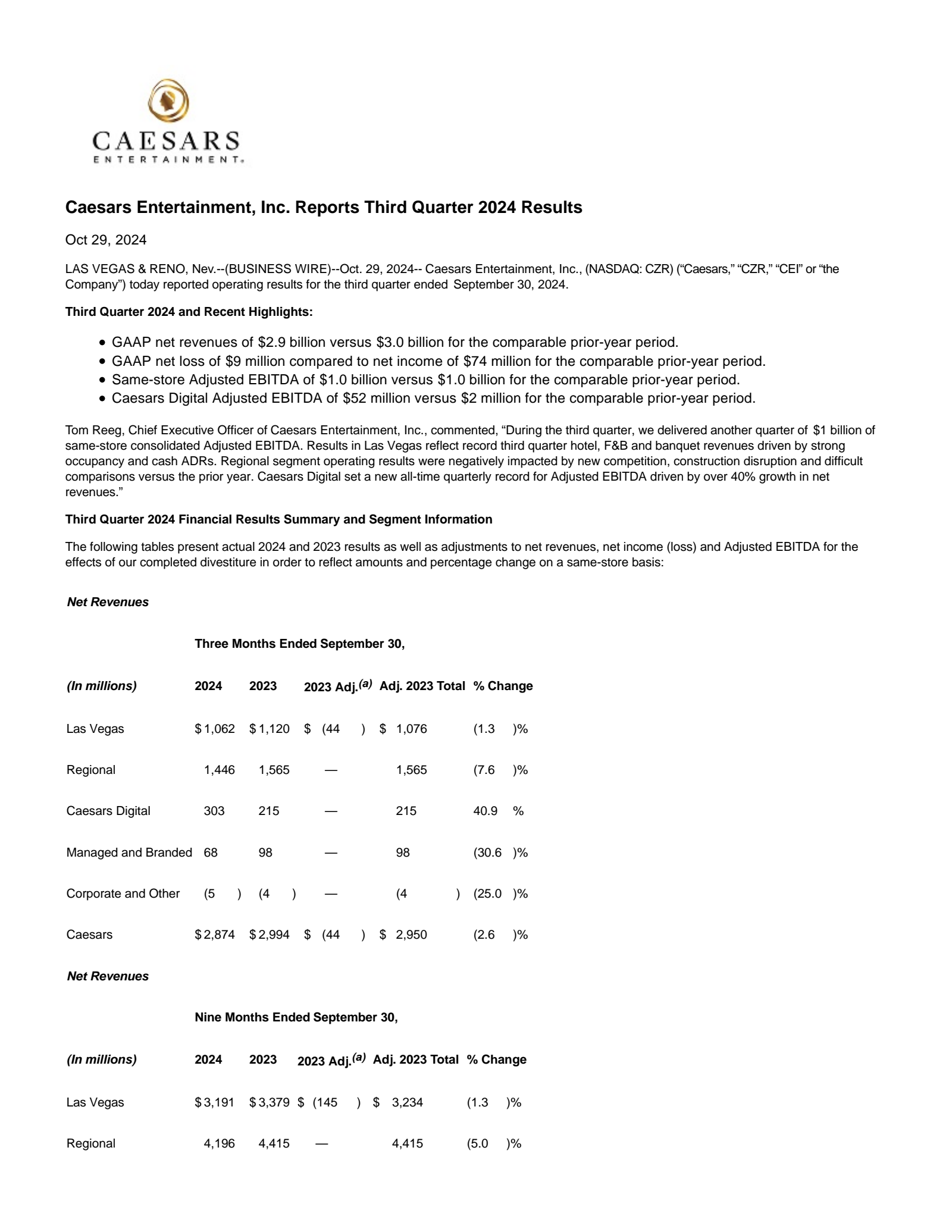 Caesars Entertainment's Q3 2024 Press Release